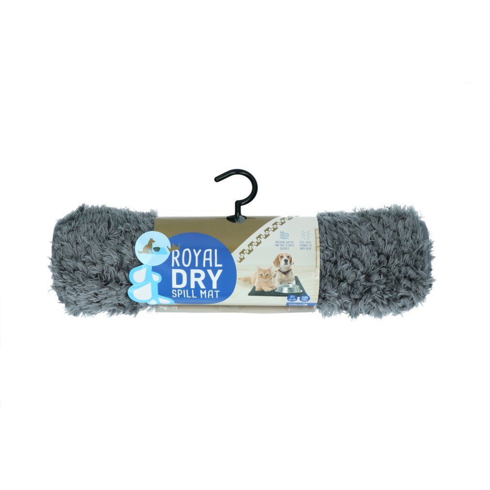 Gerollte, graue Spillmat mit Etikett. Auf dem Etikett steht "ROYAL DRY SPILL MAT".