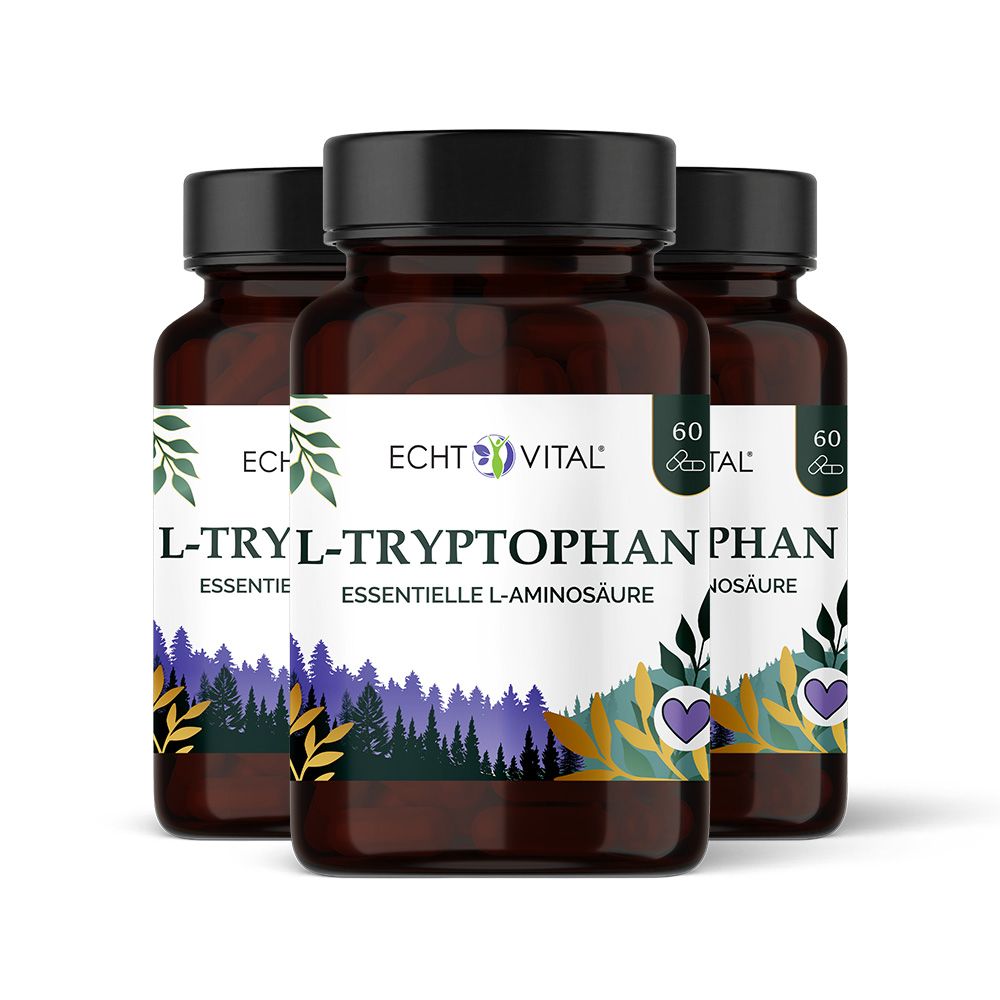 Drei braune Flaschen mit schwarzem Deckel. Aufschrift: Echt Vital L-Tryptophan. 60 Kapseln. Essentielle L-Aminosäure. Produktpräsentation.