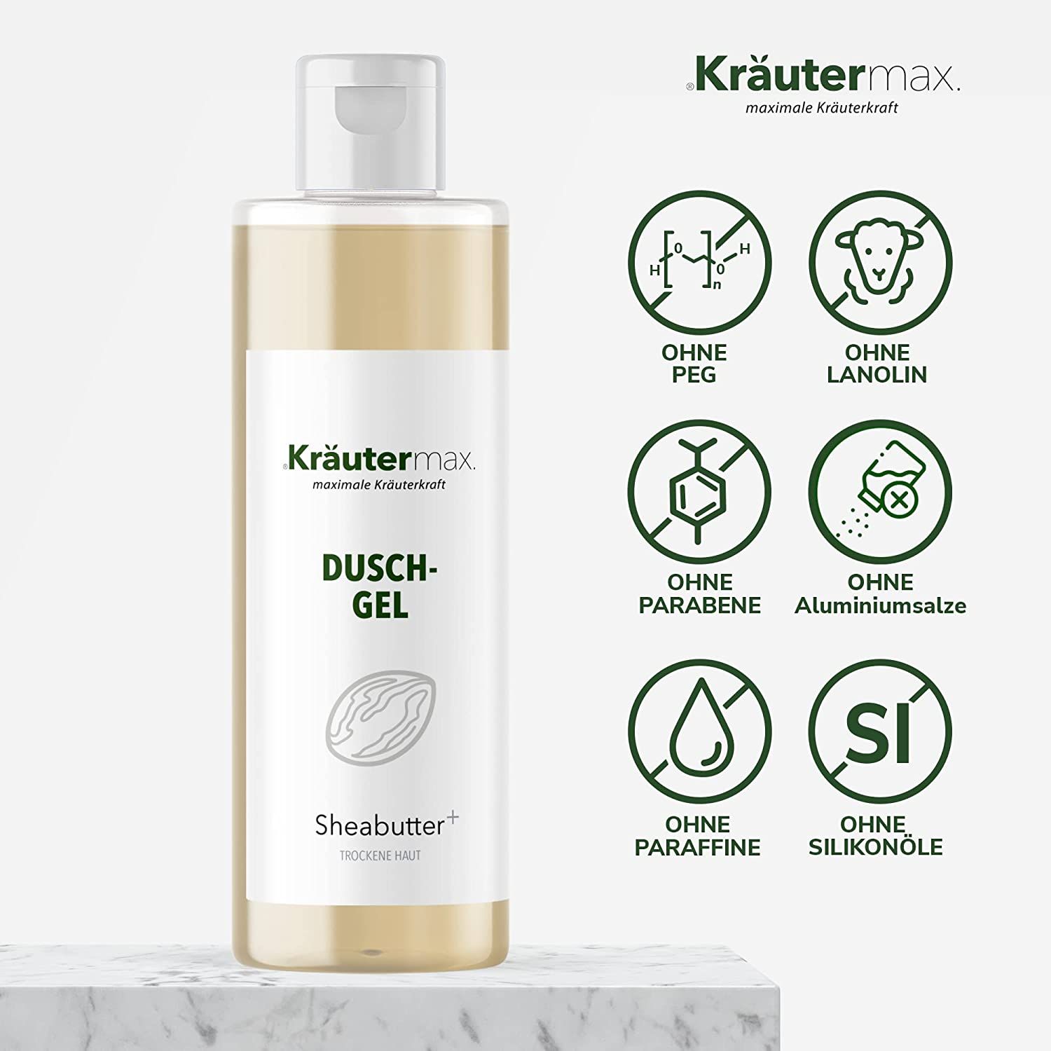 Duschgel-Flasche mit weißem Deckel. Aufschrift: Kräutermax, Duschgel, Sheabutter+. Symbole: Ohne PEG, Lanolin, Parabene, Aluminiumsalze, Paraffine, Silikonöle.