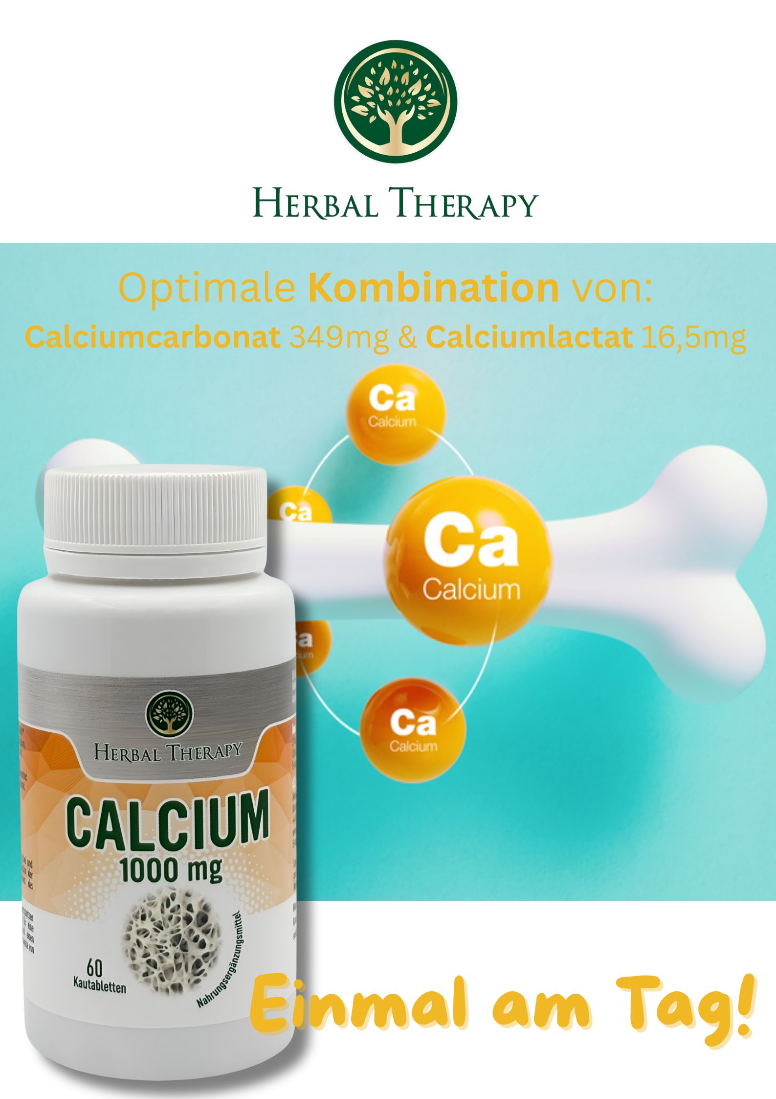 Produktflasche mit Calcium 1000 mg. Grafik mit Knochen, Calcium-Atomen und Text: Optimale Kombination von Calciumcarbonat & Calciumlactat.