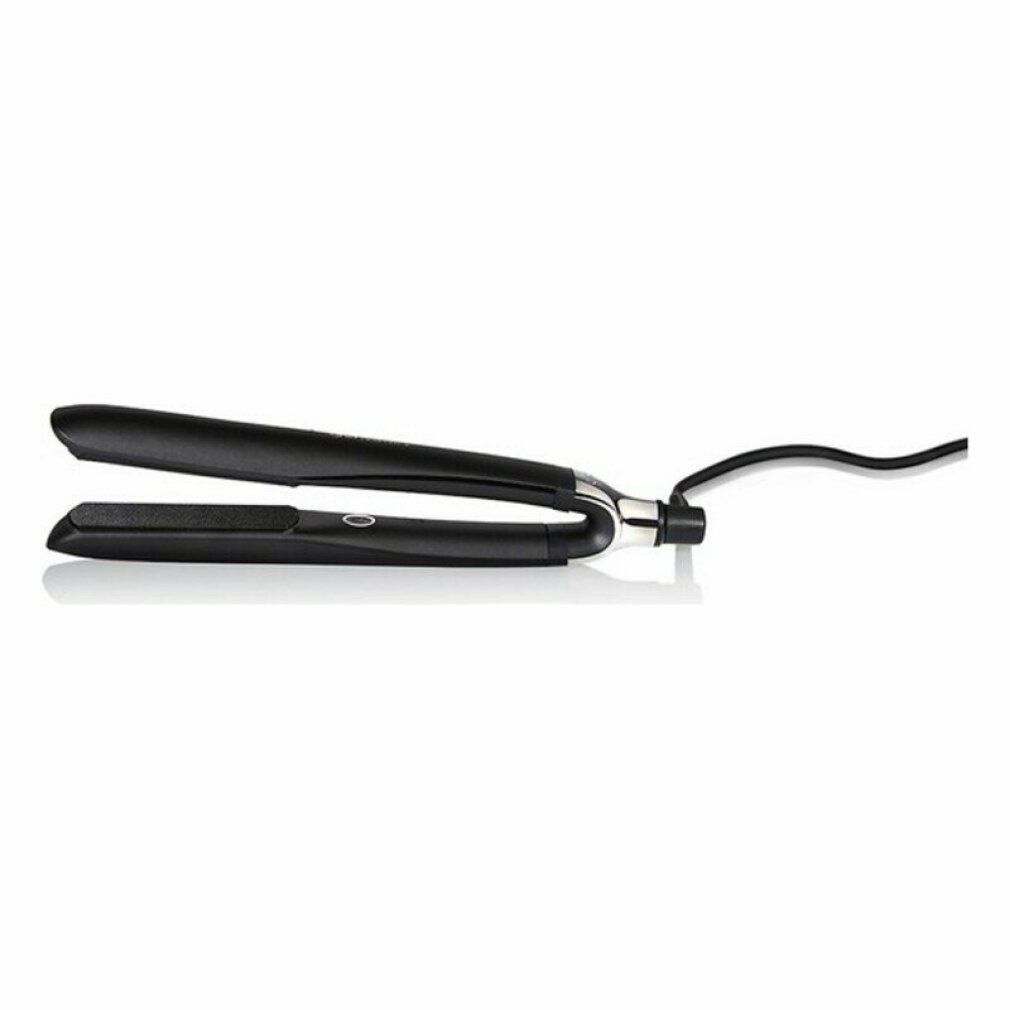 GHD PLATINUM PLUS schwarz. Schwarzes Glätteisen, geöffnet. Silberne Details. Schwarzes Kabel.
