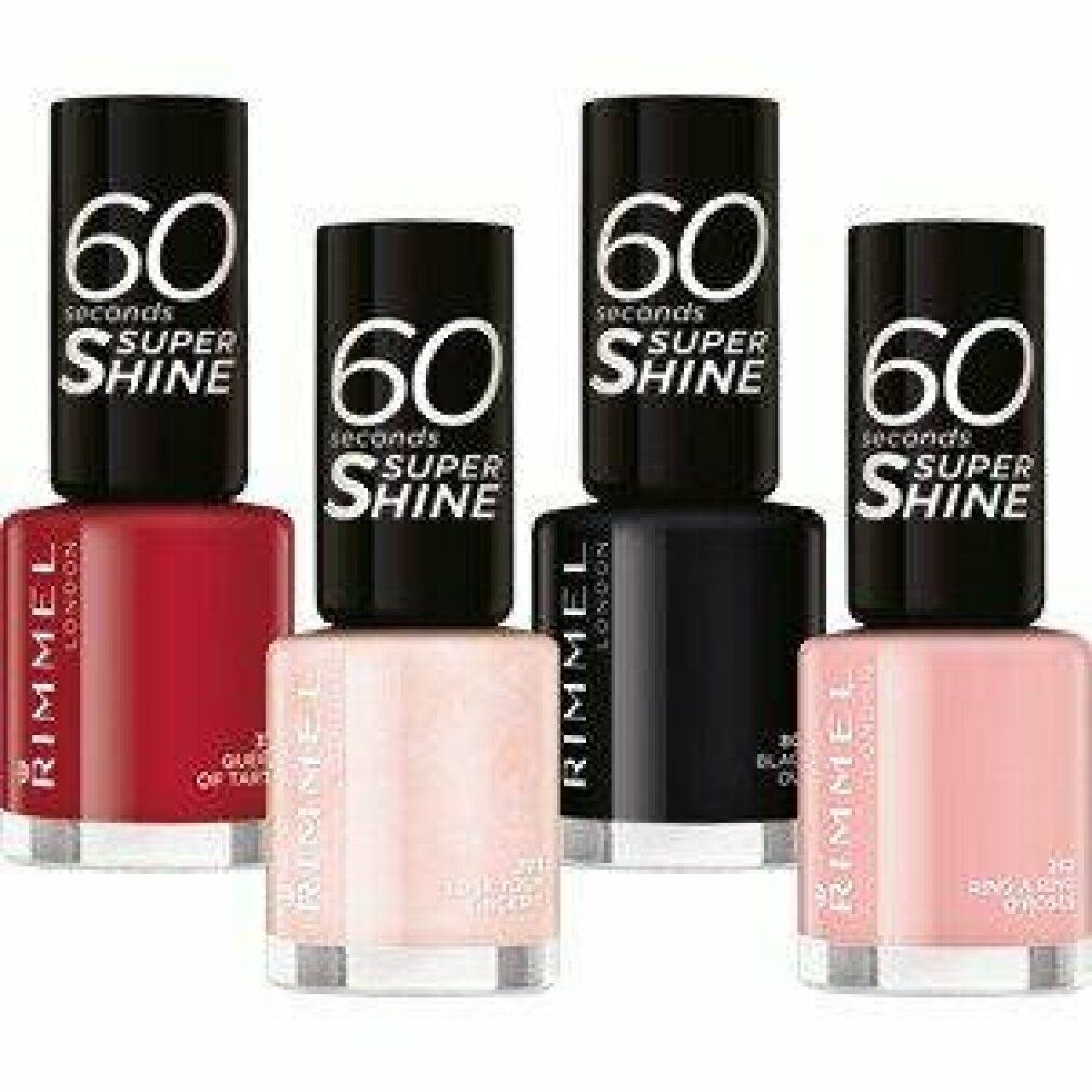Mehrere Nagellackflaschen mit schwarzem Deckel. Aufschrift: 60 Seconds Super Shine. Verschiedene Farben. Marke: Rimmel London.