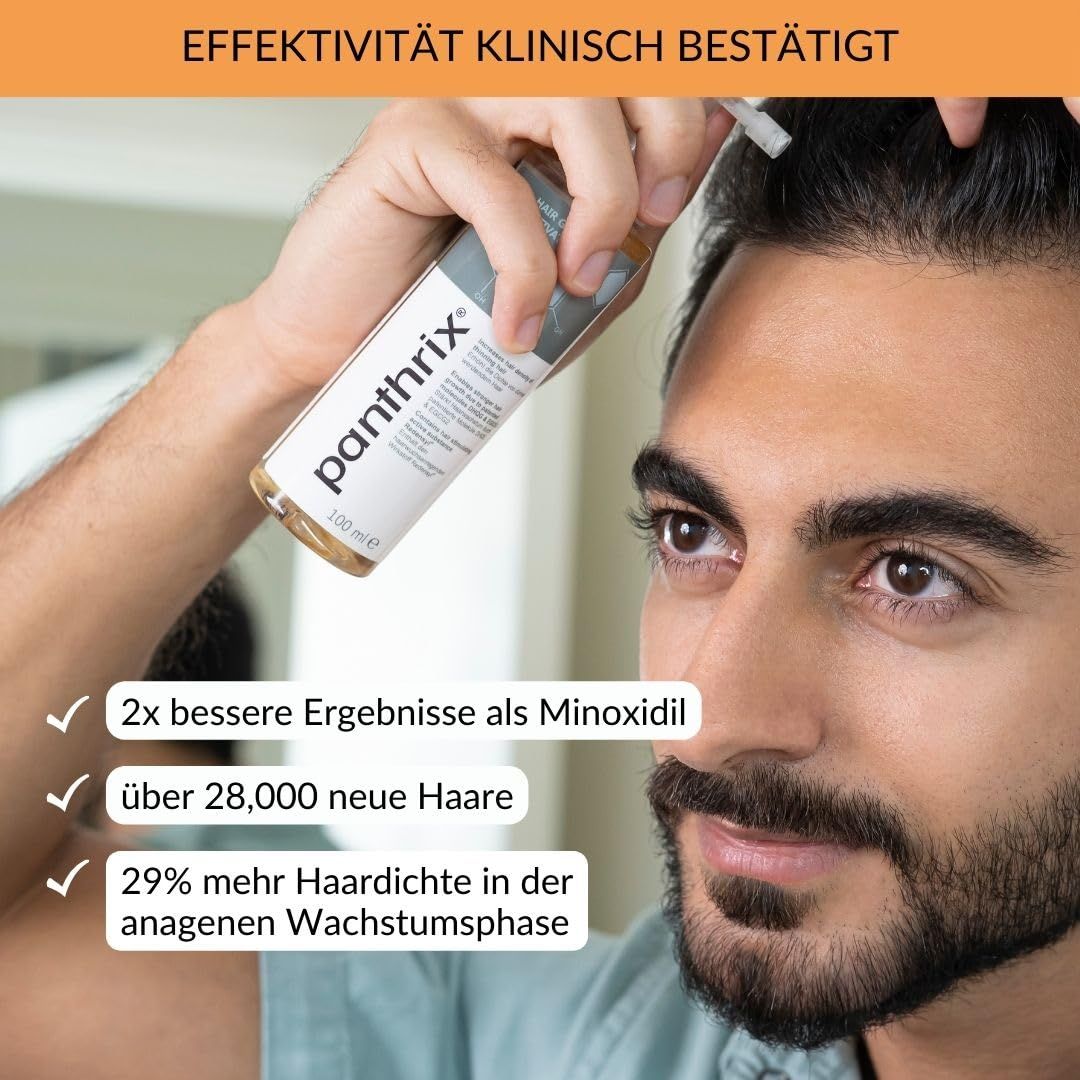 Un homme tient un flacon de produit. Texte : 2x meilleurs résultats que Minoxidil, plus de 28 000 nouveaux cheveux, 29 % de densité capillaire en plus.