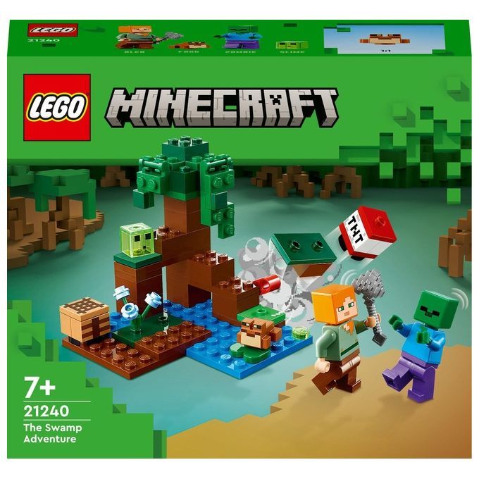 LEGO Minecraft 21240, Avventura nella Palude. Il set mostra Alex e uno zombie. La confezione verde raffigura la scena della palude con un albero, acqua, un blocco di TNT e altri elementi Minecraft. Adatto a bambini dai 7 anni in su.
