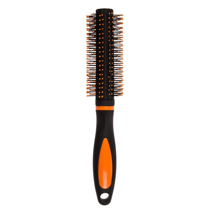 Brosse à cheveux ronde avec manche noir et accents orange. Picots orange.