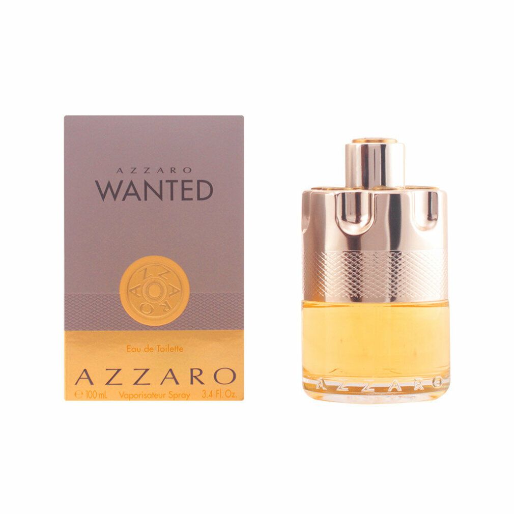 Azzaro Wanted Eau de Toilette Flakon und Schachtel. Flakon mit silberfarbenem Verschluss, gelber Flüssigkeit. Graue Schachtel daneben.