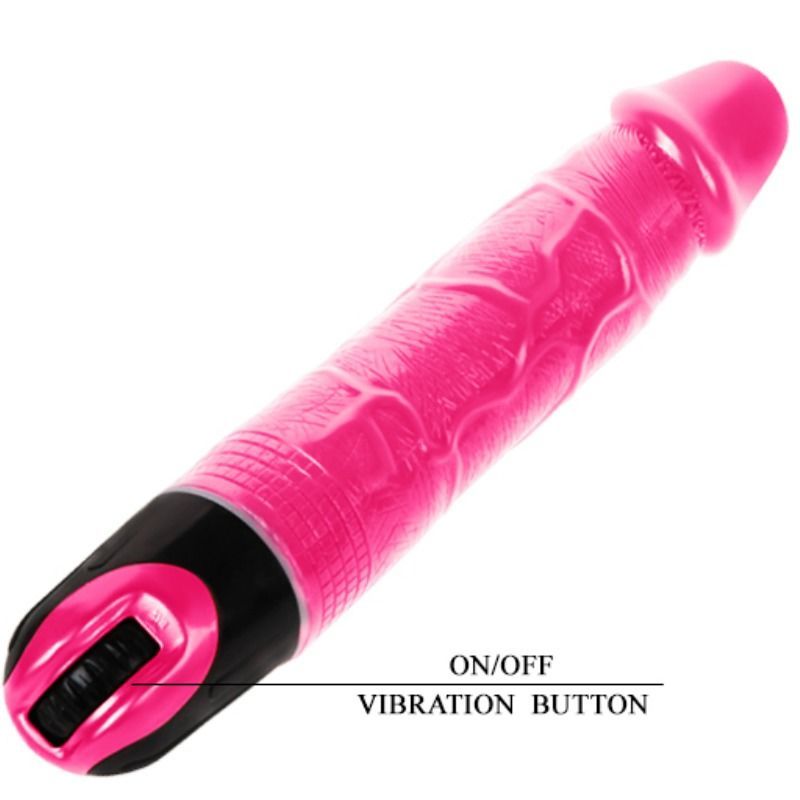 Pinkfarbener Vibrator mit schwarzem Griff. Text: ON/OFF VIBRATION BUTTON.