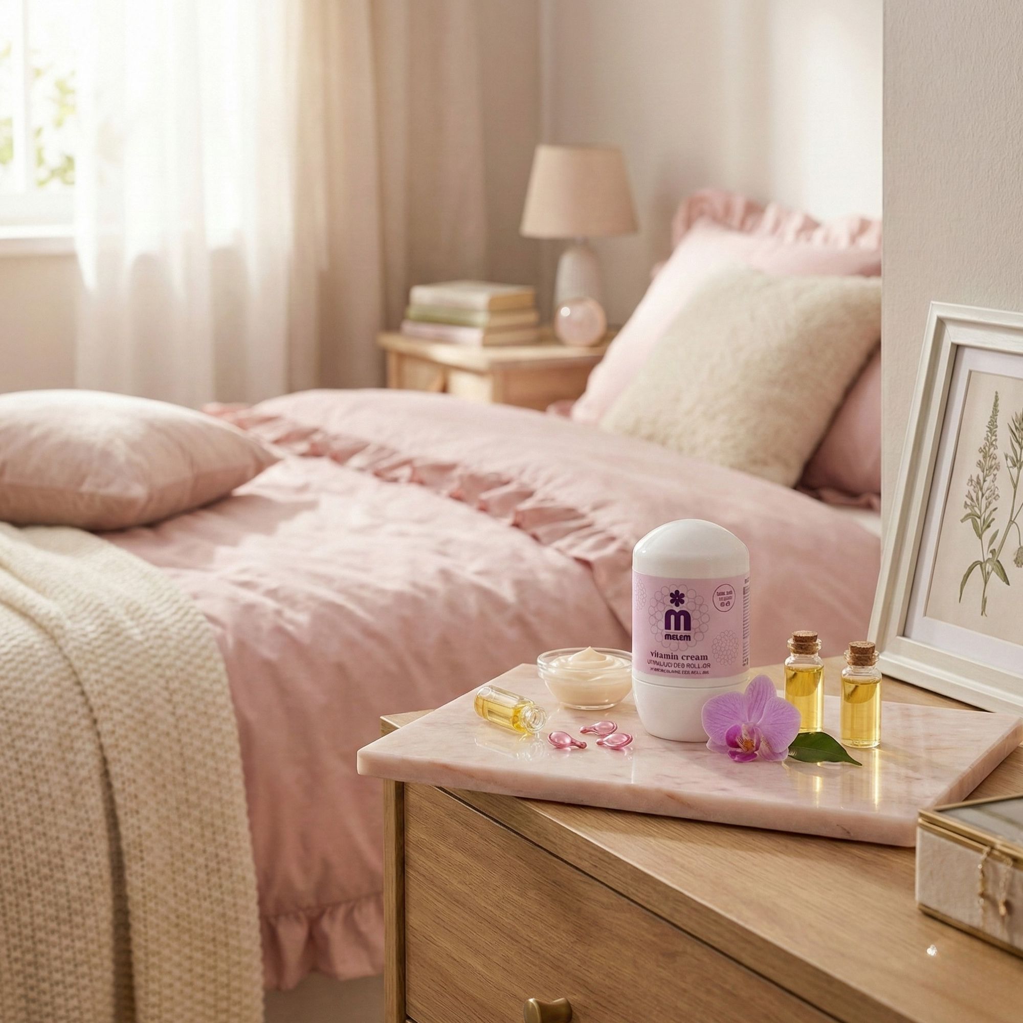 Weißer Roll-On mit lila Etikett, Text: Vitamin Cream. Auf Marmorplatte neben Bett. Begleitet von Orchidee, Ölen, Creme und Kapseln.