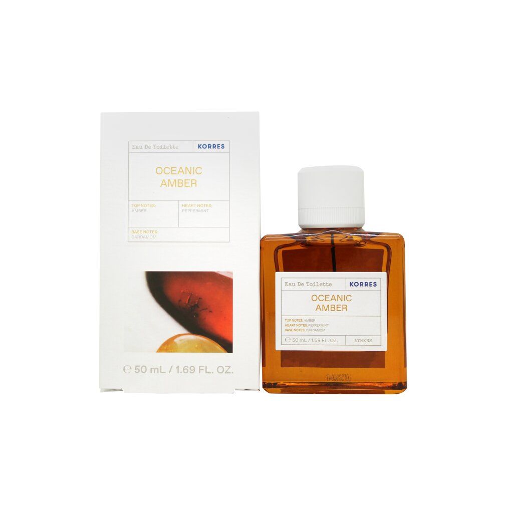 Korres Eau de Toilette Oceanic Amber Flakon und Verpackung. Bernstein-farbene Flüssigkeit.