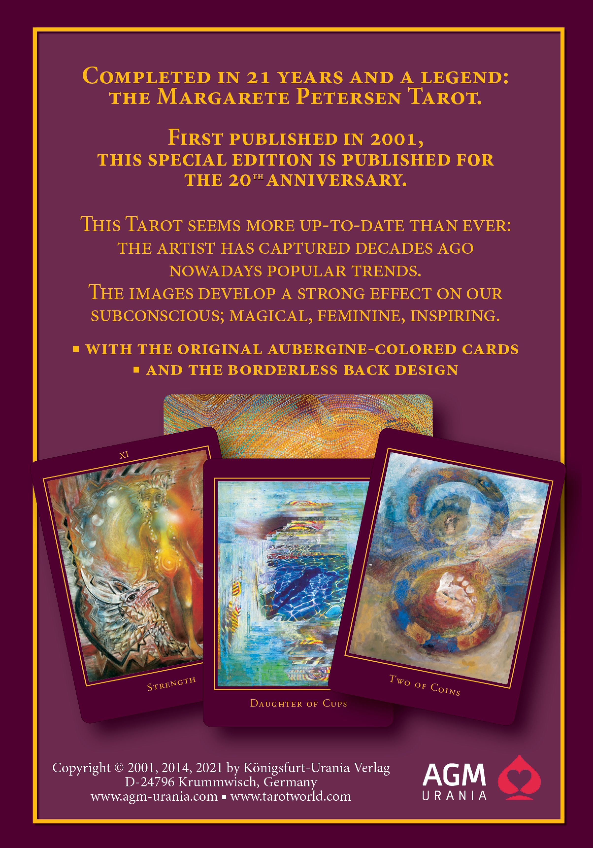Rückseite des Tarot-Kartensets. Text über 20-jähriges Jubiläum. Drei Karten mit Abbildungen. Logo unten rechts.