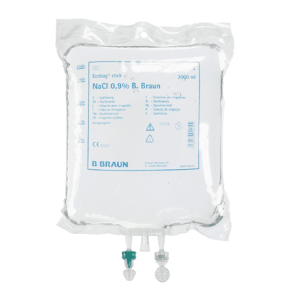 Beutel mit Flüssigkeit, NaCl 0,9% B. Braun. Mit zwei Anschlüssen und Beschriftung. Ecobag click.