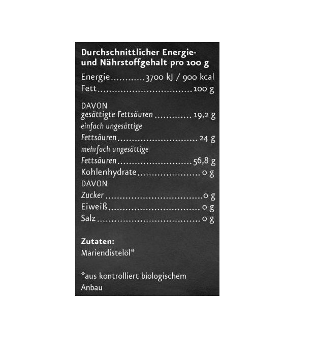 Schwarzes Etikett mit Nährwertangaben. Text: Durchschnittlicher Energie- und Nährstoffgehalt pro 100 g. Zutaten: Mariendistelöl.