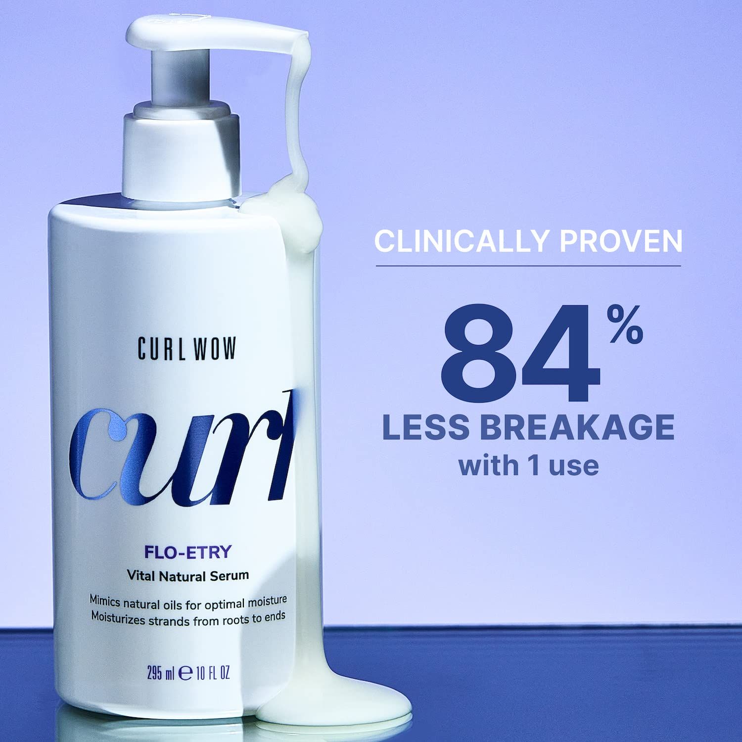 Weiße Flasche mit Pumpe. Aufschrift: CURL WOW, curl, FLO-ETRY, Vital Natural Serum. Text: 84% weniger Haarbruch.