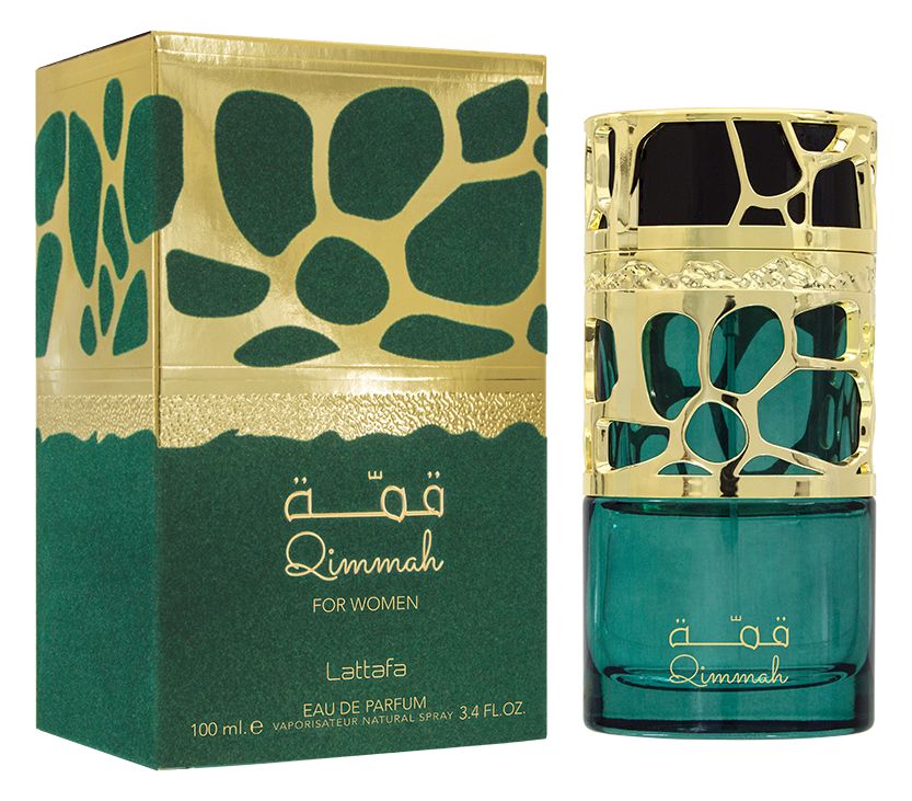 Grüne Glasflasche mit goldfarbenem Deckel und Verpackung. Aufschrift: Qimmah for Women, Lattafa, Eau de Parfum.