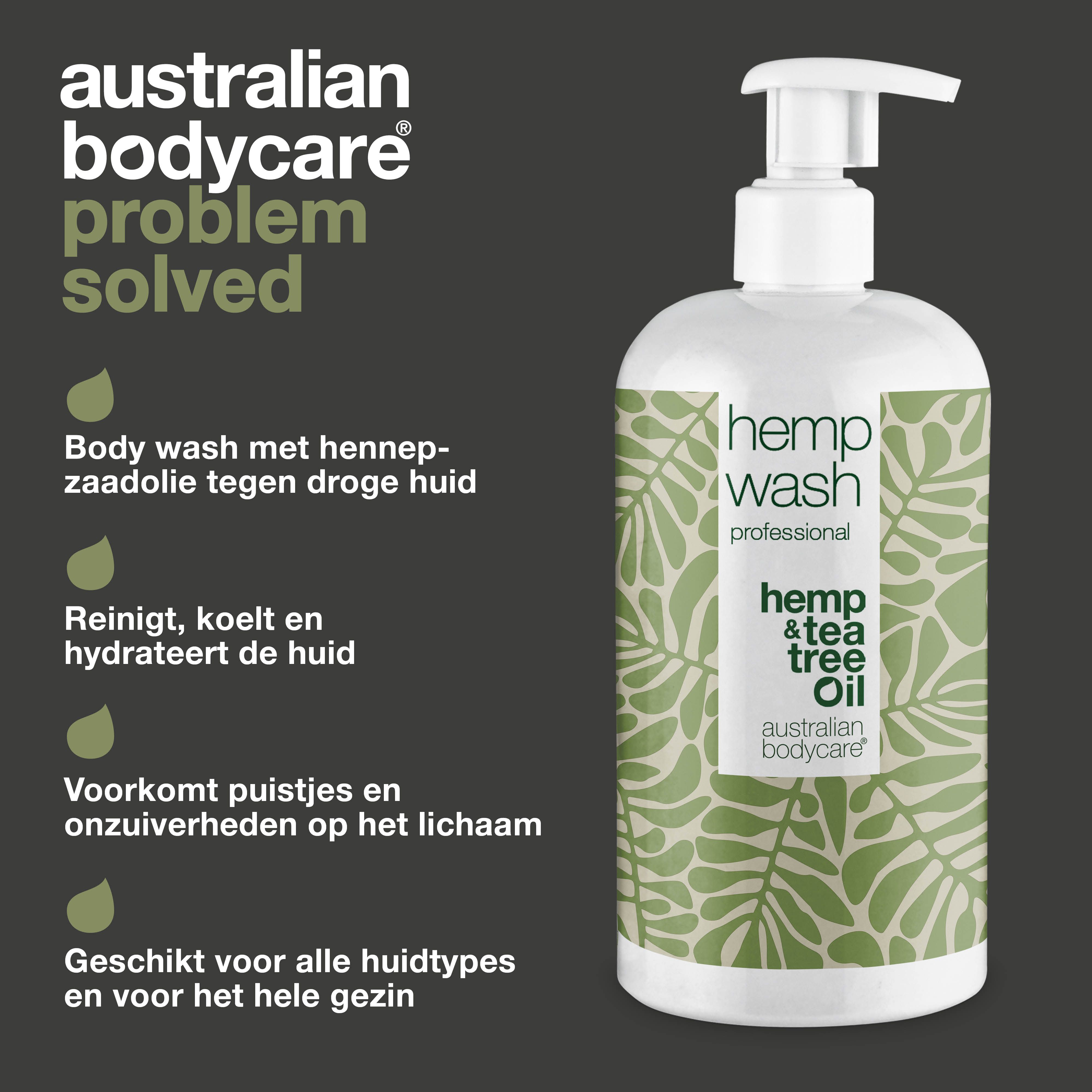 Fles met tekst: hemp wash professional, hemp & tea tree Oil, Australian Bodycare. Tekst: douchegel met hennepzaadolie.