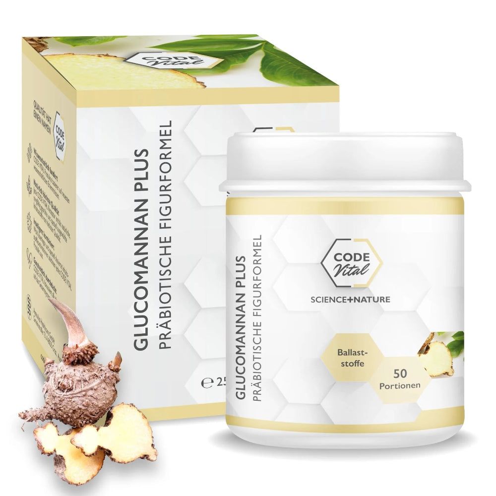 Behälter und Verpackung von CODE Vital Glucomannan Plus. Präbiotische Figurformel. Mit Konjakwurzel und Blättern.