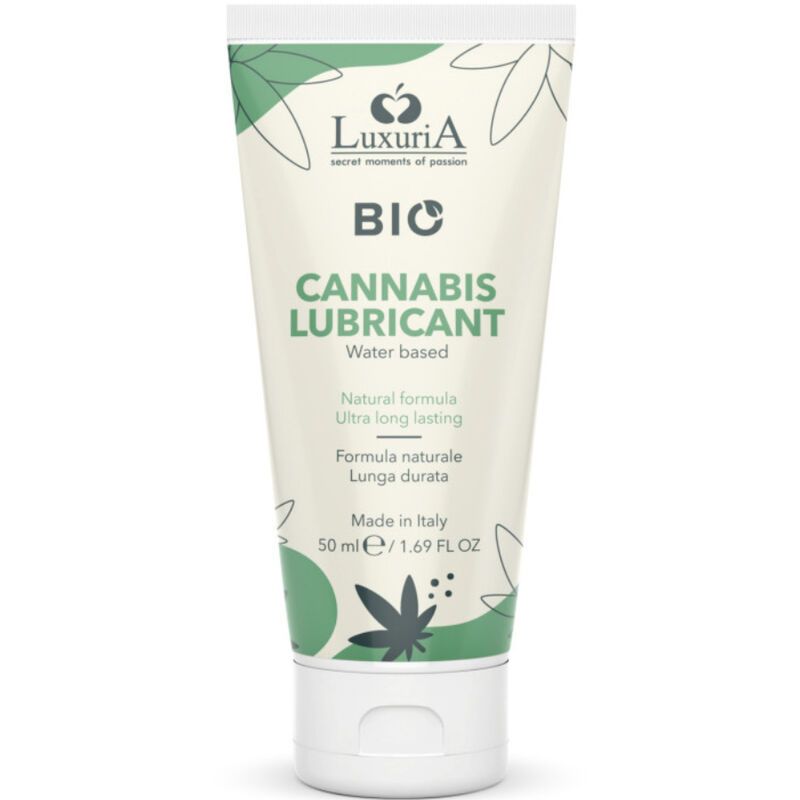 Tube mit Produktaufschrift: BIO Cannabis Lubricant. Grün-weißes Design, Schriftzug 'LuxuriA'. Volumen: 50 ml.