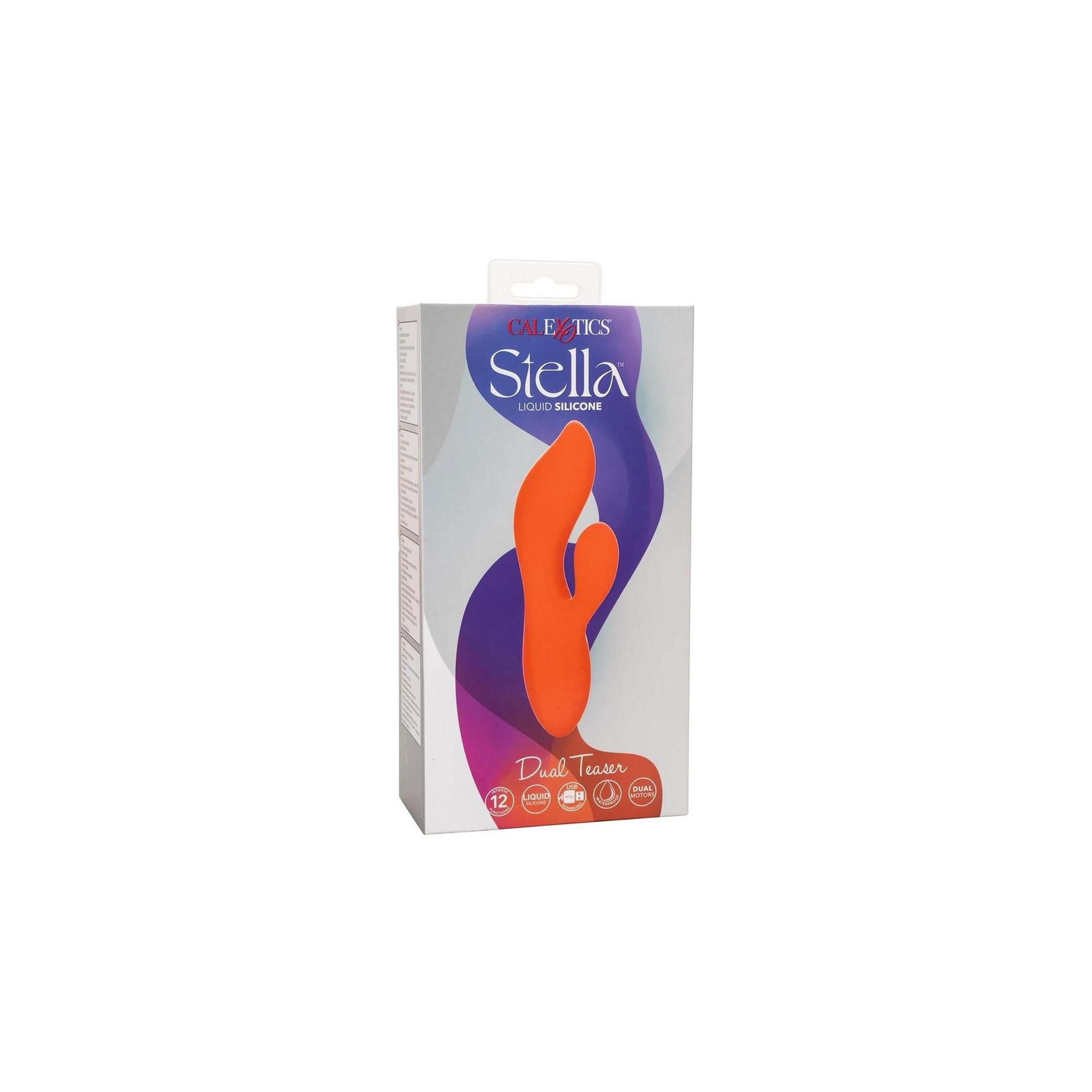 Orangefarbenes Wellness-Produkt in Verpackung. Aufschrift "Stella Dual Teaser".