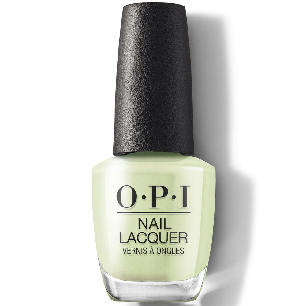 OPI Nagellack-Flasche. Hellgrüne Farbe. Schwarzer Deckel. Schriftzug: OPI, Nail Lacquer, Vernis à Ongles.