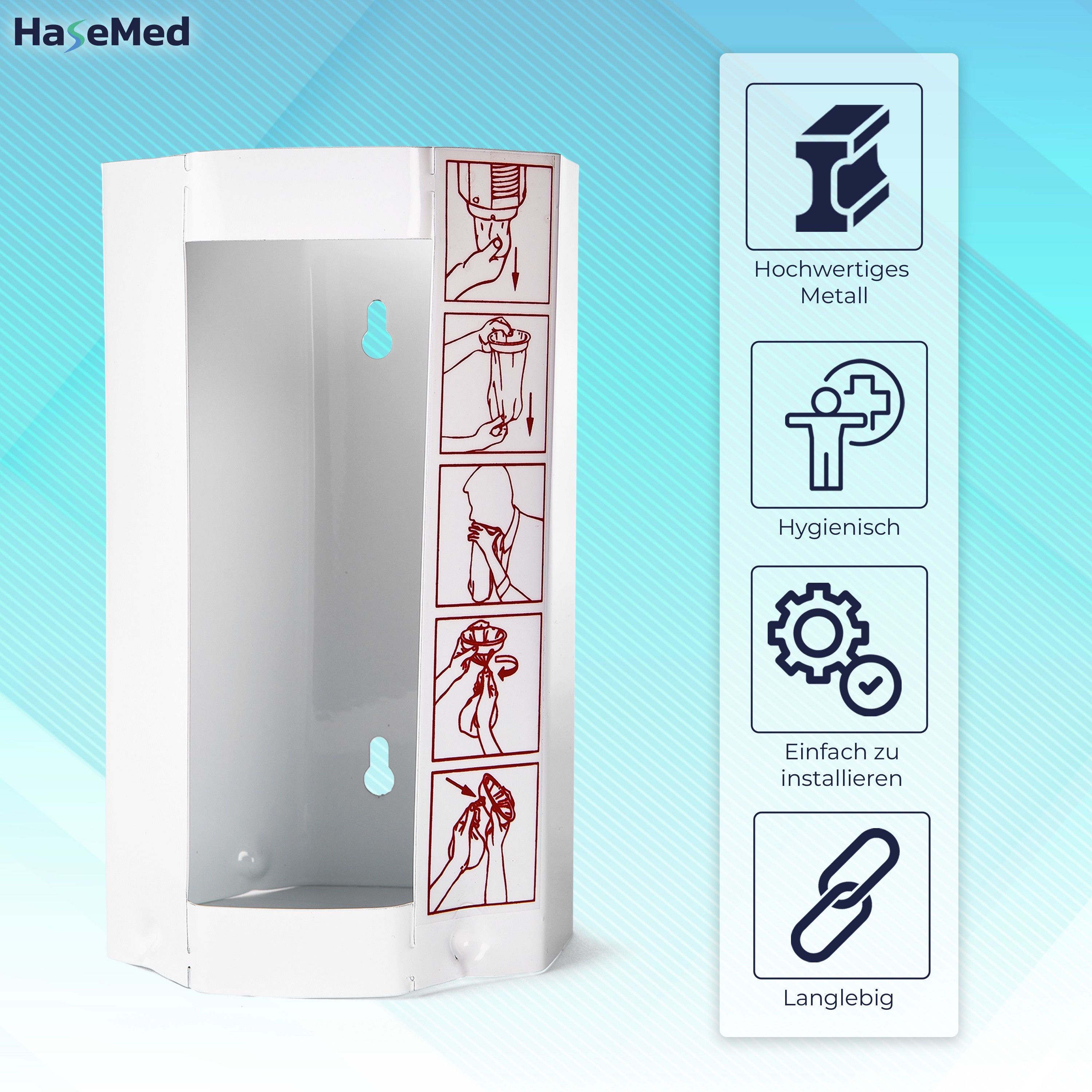 Weißer Metallspender für Spuckbeutel. Auf der Seite sind Anweisungen abgebildet. Logos: HaseMed, hochwertiges Metall, hygienisch, einfach zu installieren, langlebig.