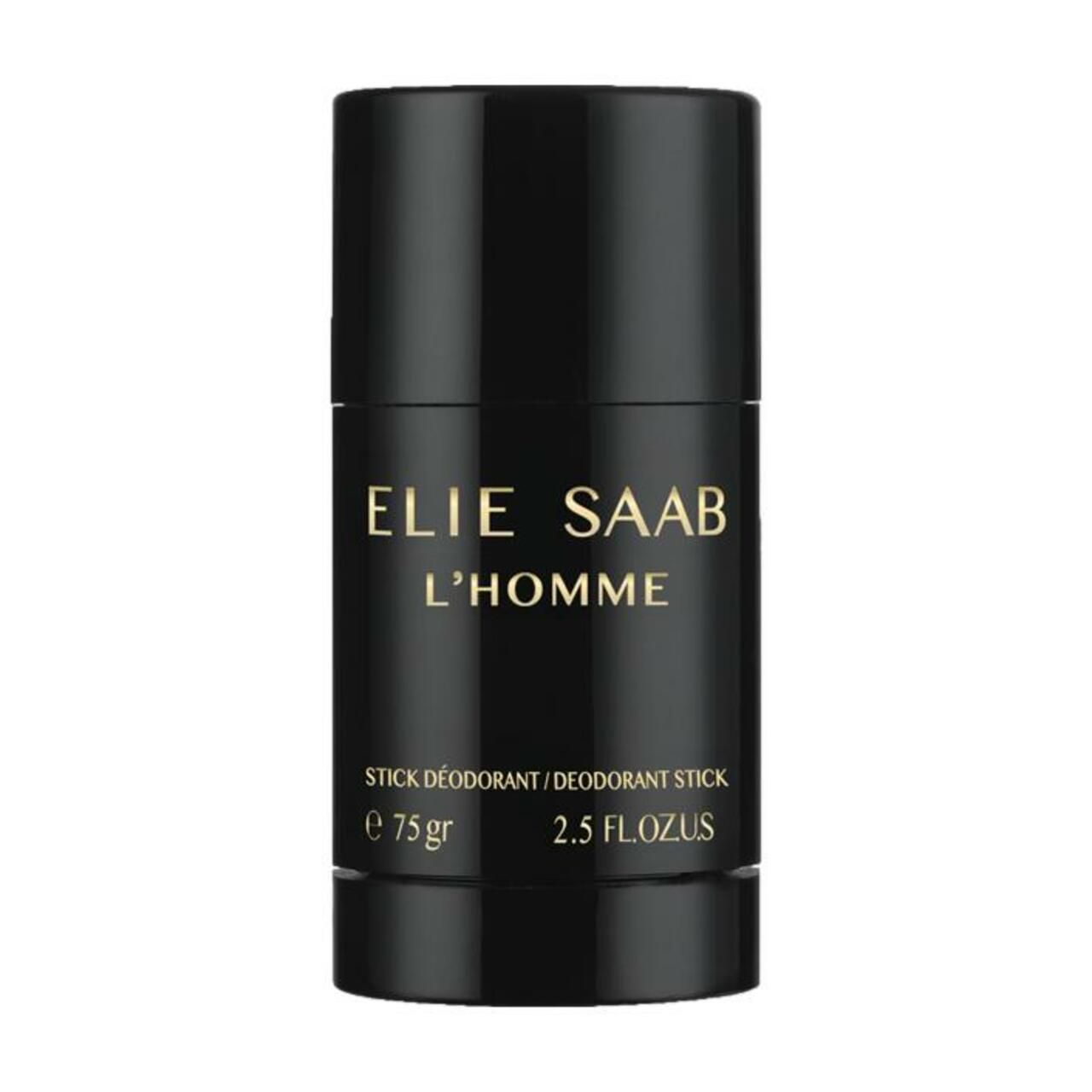 Schwarzer Deostick mit goldfarbener Schrift. Beschriftung: ELIE SAAB L'HOMME, STICK DÉODORANT, 75gr, 2.5 FL.OZ.US.