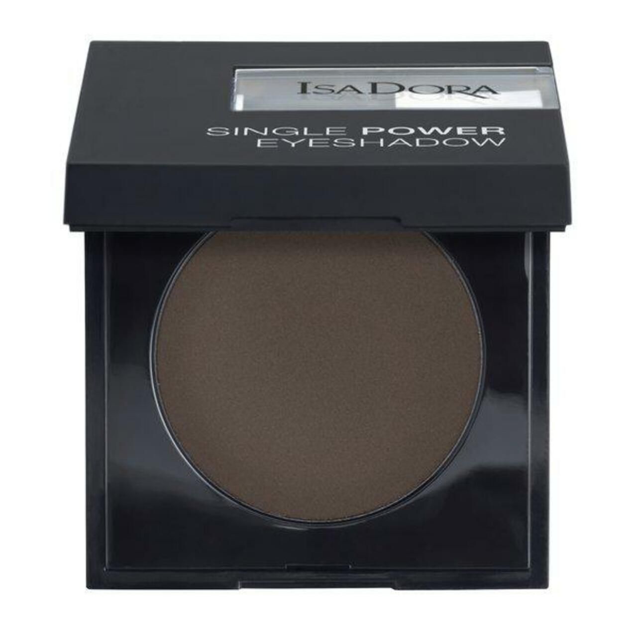 IsaDora Single Power Eyeshadow. Schwarze quadratische Verpackung mit braunem Lidschatten. Markenname und Produktname sichtbar.