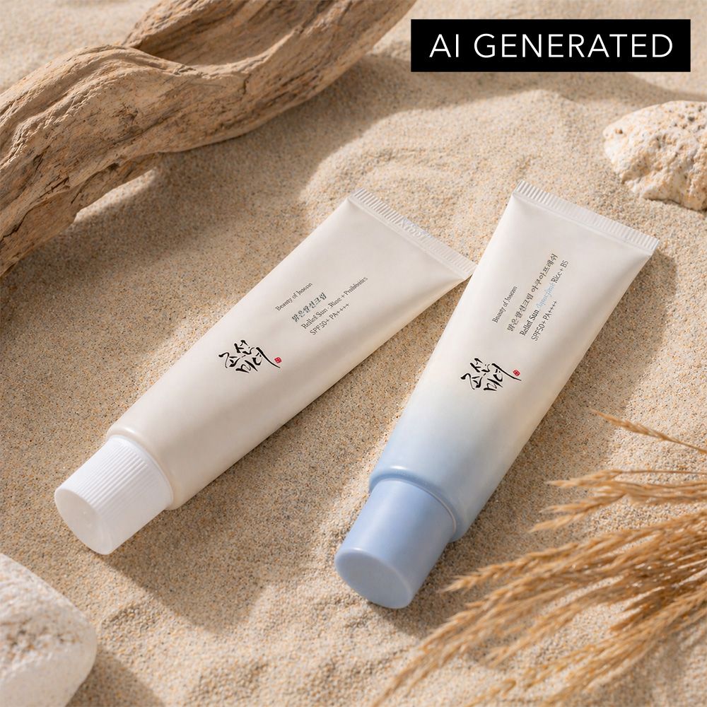 Zwei Tuben Beauty of Joseon Sonnenschutzcreme auf Sand mit Treibholz und Steinen.