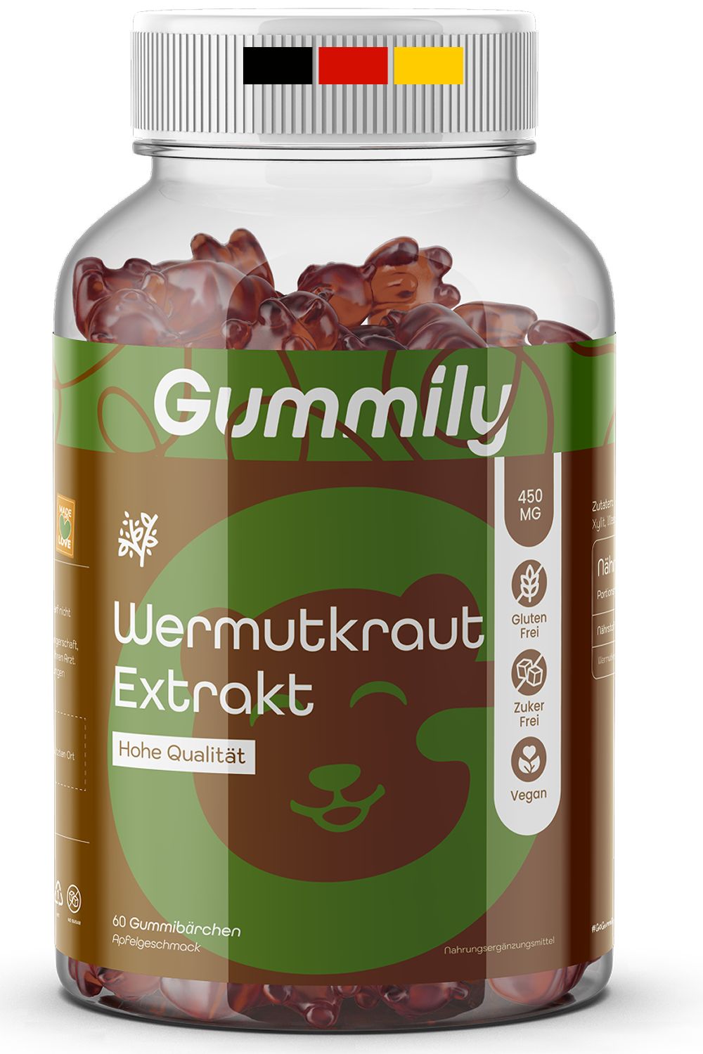 Braune Gummibärchen in einer transparenten Flasche. Aufschrift: Gummily, Wermutkraut Extrakt, 450 MG, Glutenfrei, Zuckerfrei, Vegan.