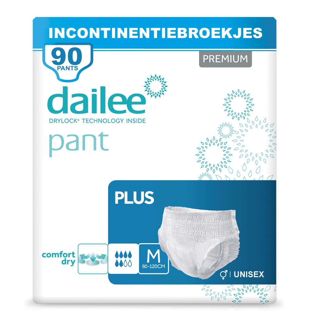 Verpakking Dailee Pants Plus. 90 Pants, Premium. Maat M, 80-120cm. Unisex. Comfort Dry.