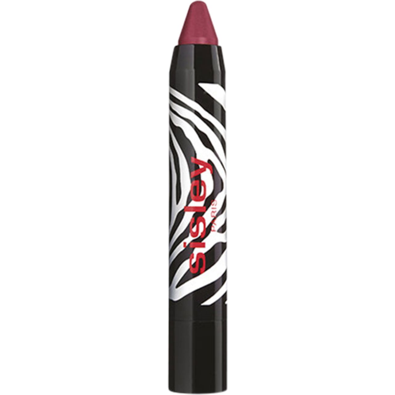 Lippenstiftstift mit Zebra-Muster. Schwarzer Stift mit weißem Zebra-Muster und rotem Lippenstift. Marke Sisley.