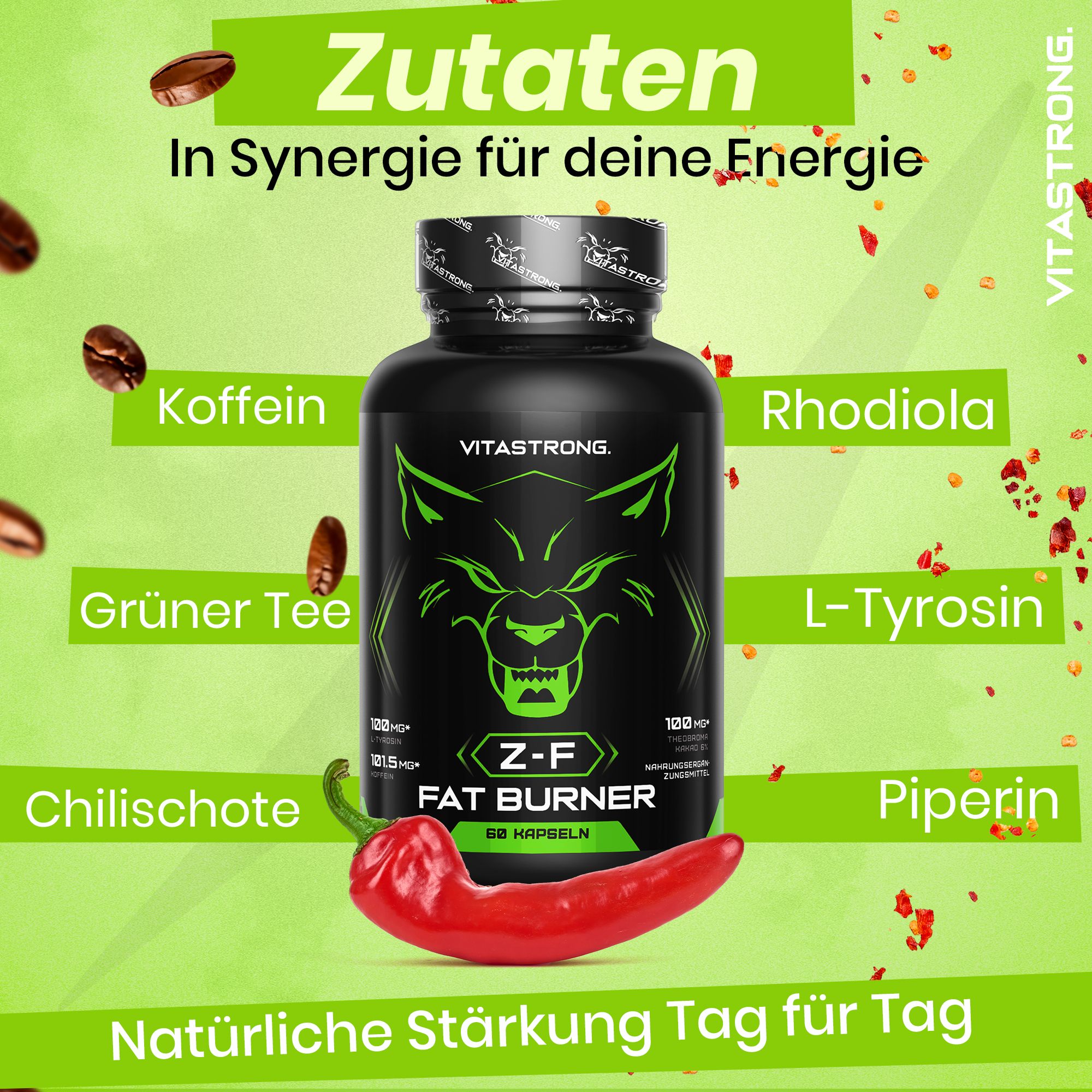 Vitastrong Z-F Fat Burner. Schwarze Dose mit Zutaten: Koffein, Grüntee, Chili, etc.
