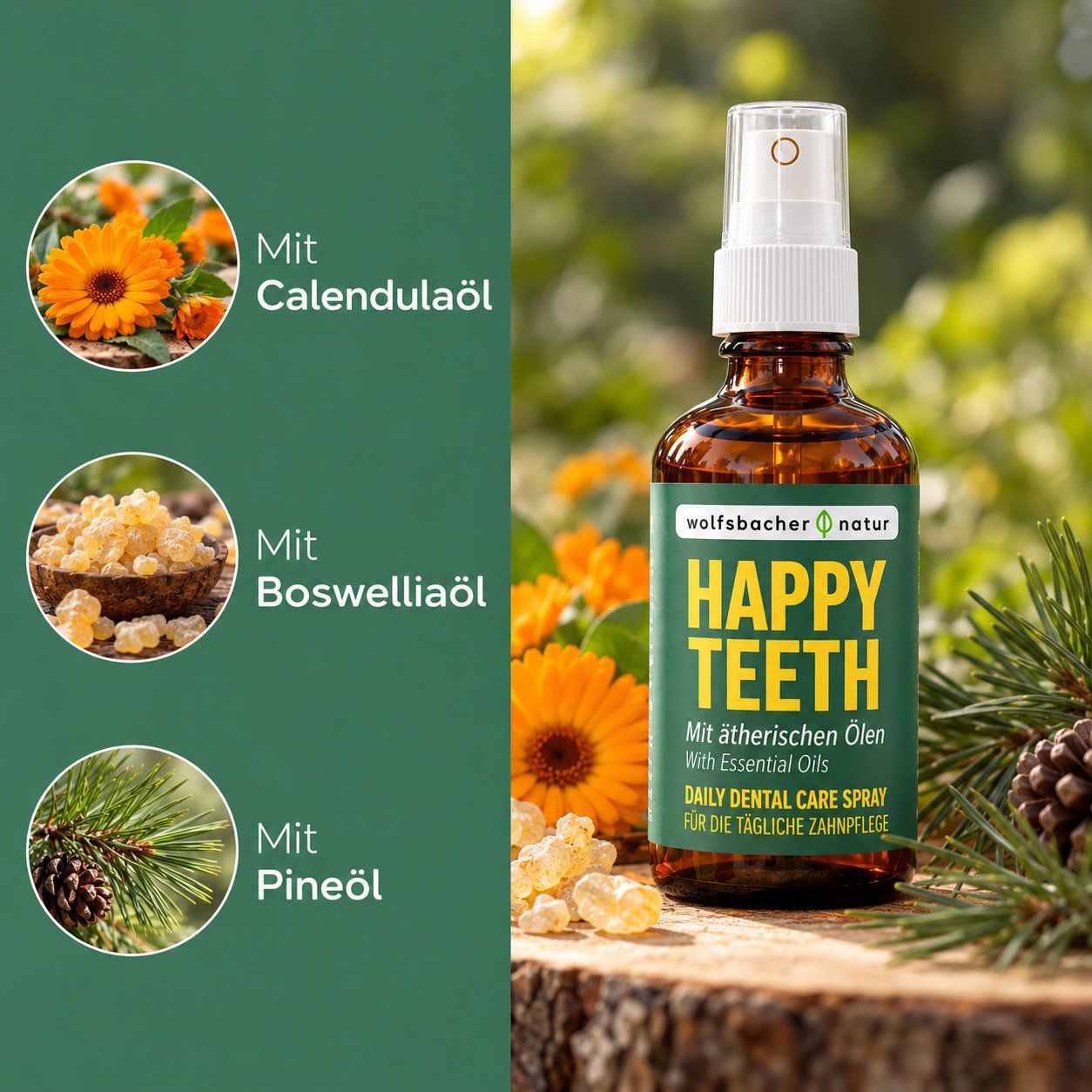 Braune Sprühflasche "Happy Teeth" mit Aufdruck "wolfsbacher natur".