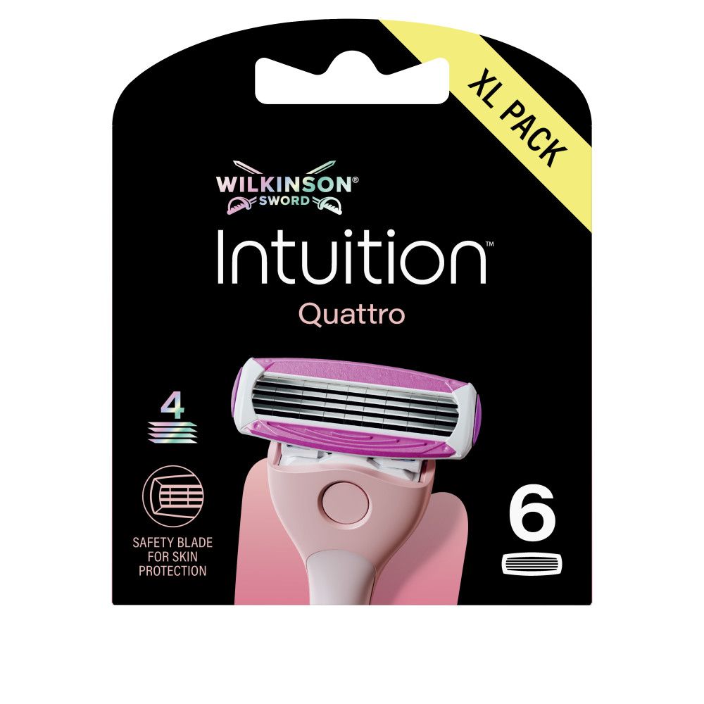 Wilkinson Sword Intuition Quattro Rasierklingen-Nachfüllpackung mit 6 Klingen und einem rosa Griff.