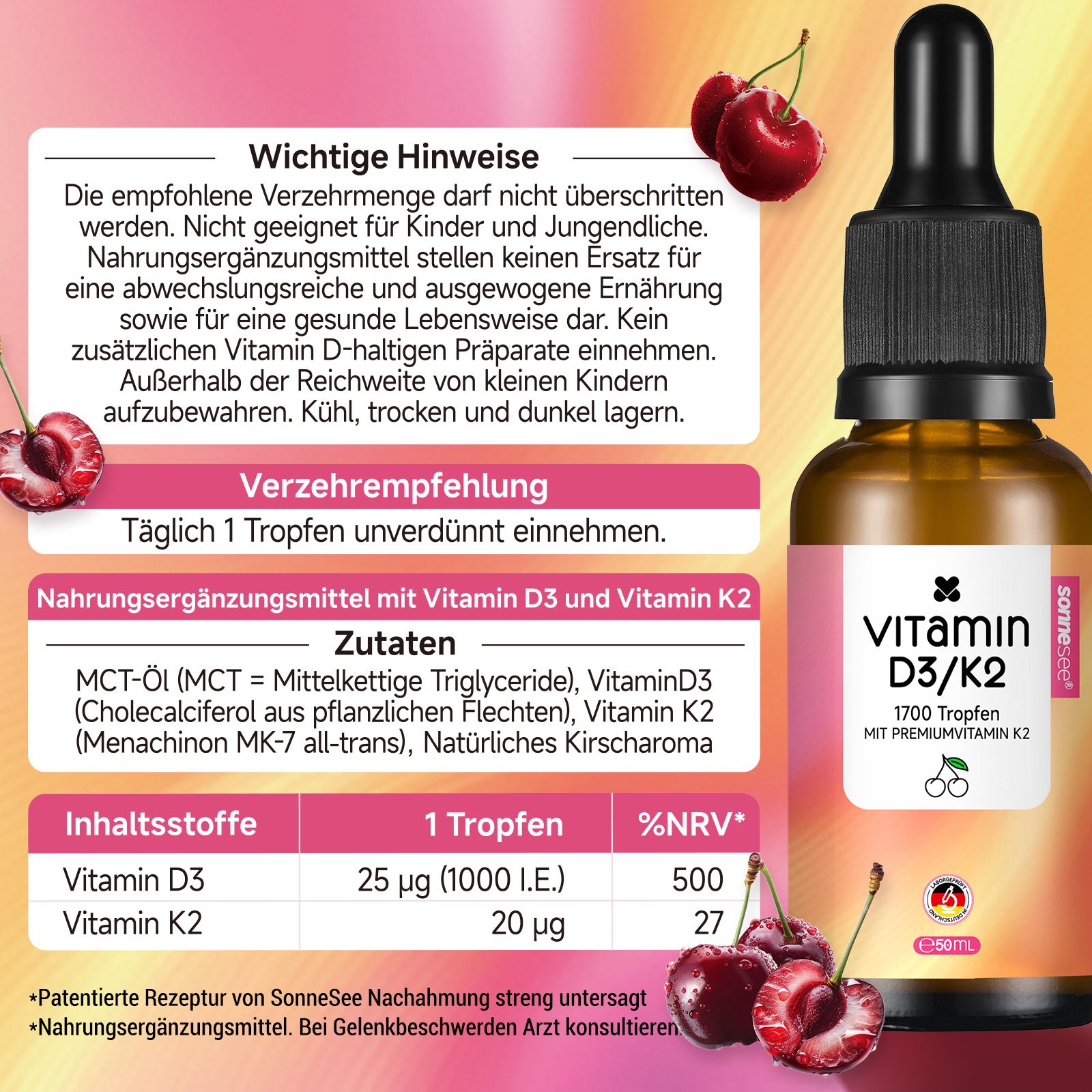 Braune Glasflasche mit Pipettenverschluss, enthält Vitamin D3/K2 Tropfen. Beinhaltet Kirschen und Nährwertangaben.