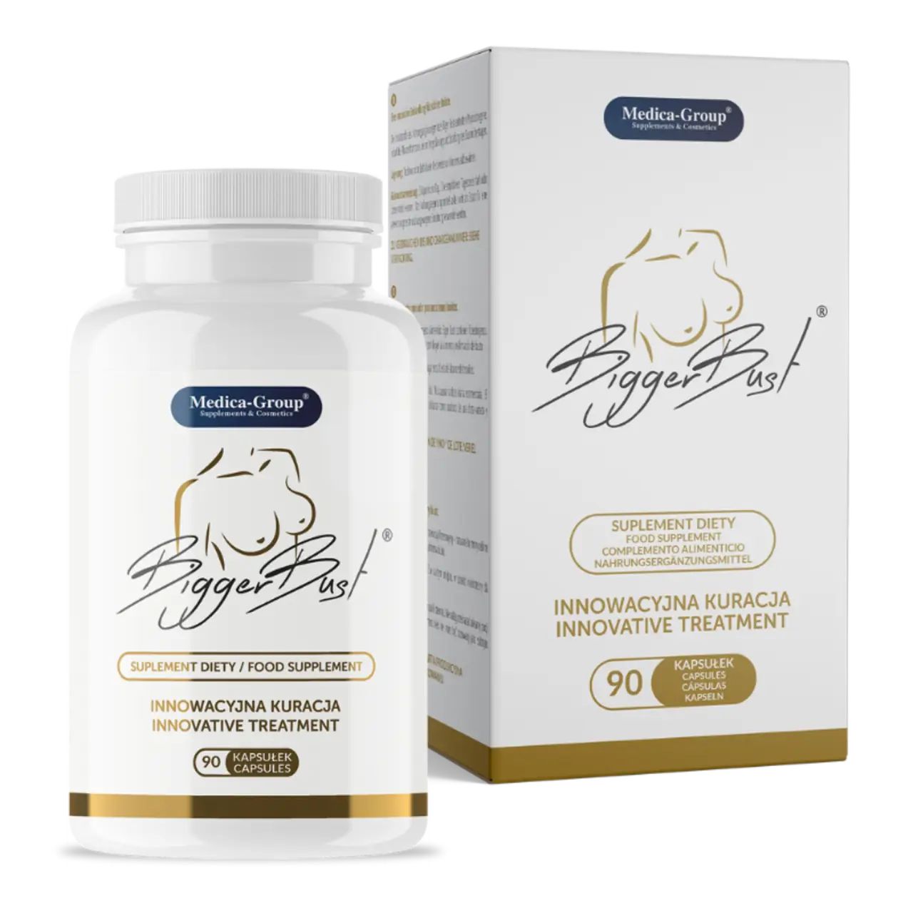 Weiße Flasche und Schachtel mit Produktaufdruck. Aufschrift: BiggerBust, Medica-Group, 90 Kapseln. Innovative Behandlung. Nahrungsergänzungsmittel.