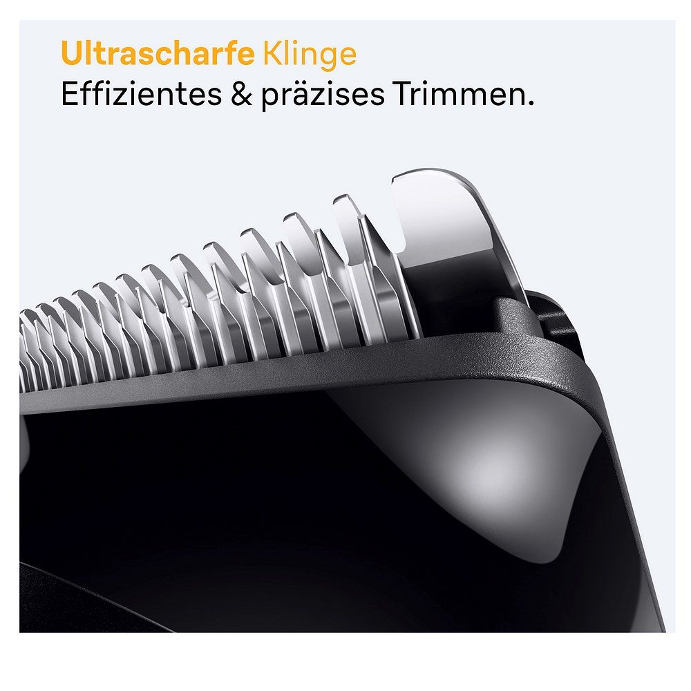 Nahaufnahme der ultrascharfen Klinge des Braun Bartschneiders.
