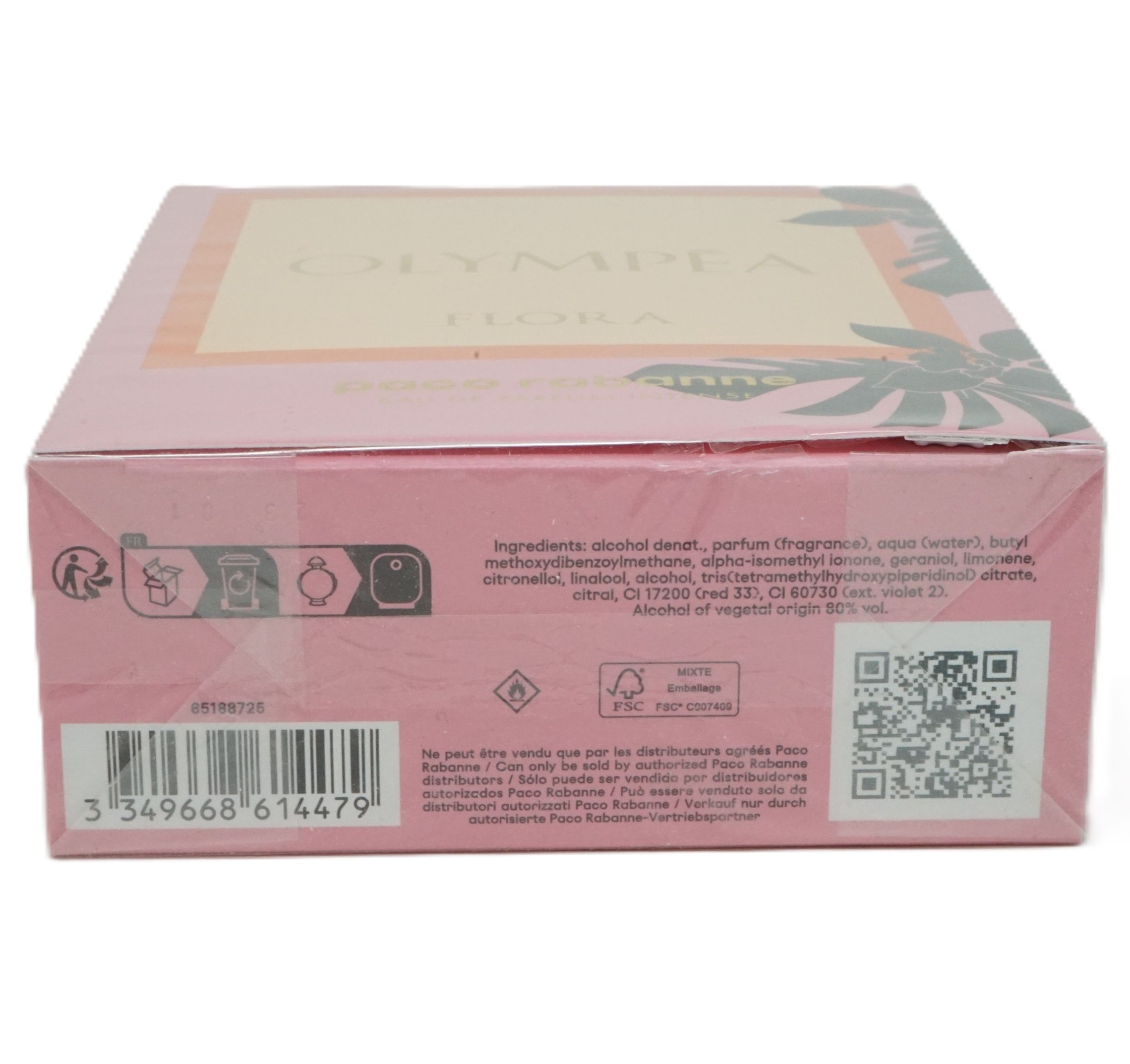 Rückseite der rosa Verpackung. Text mit Inhaltsstoffen, QR-Code, FSC-Logo und Barcode.