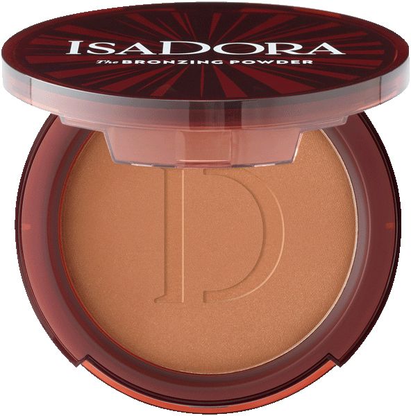 Offener, runder Bronzer-Behälter. Braune Puder-Oberfläche mit Prägung. Deckel mit Schriftzug: IsaDora, The Bronzing Powder.