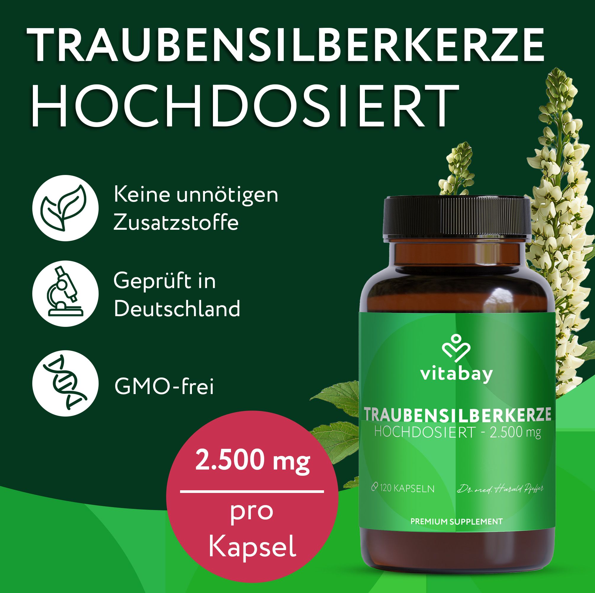 Vitabay Traubensilberkerze Flasche, 120 Kapseln, 2.500 mg pro Kapsel.