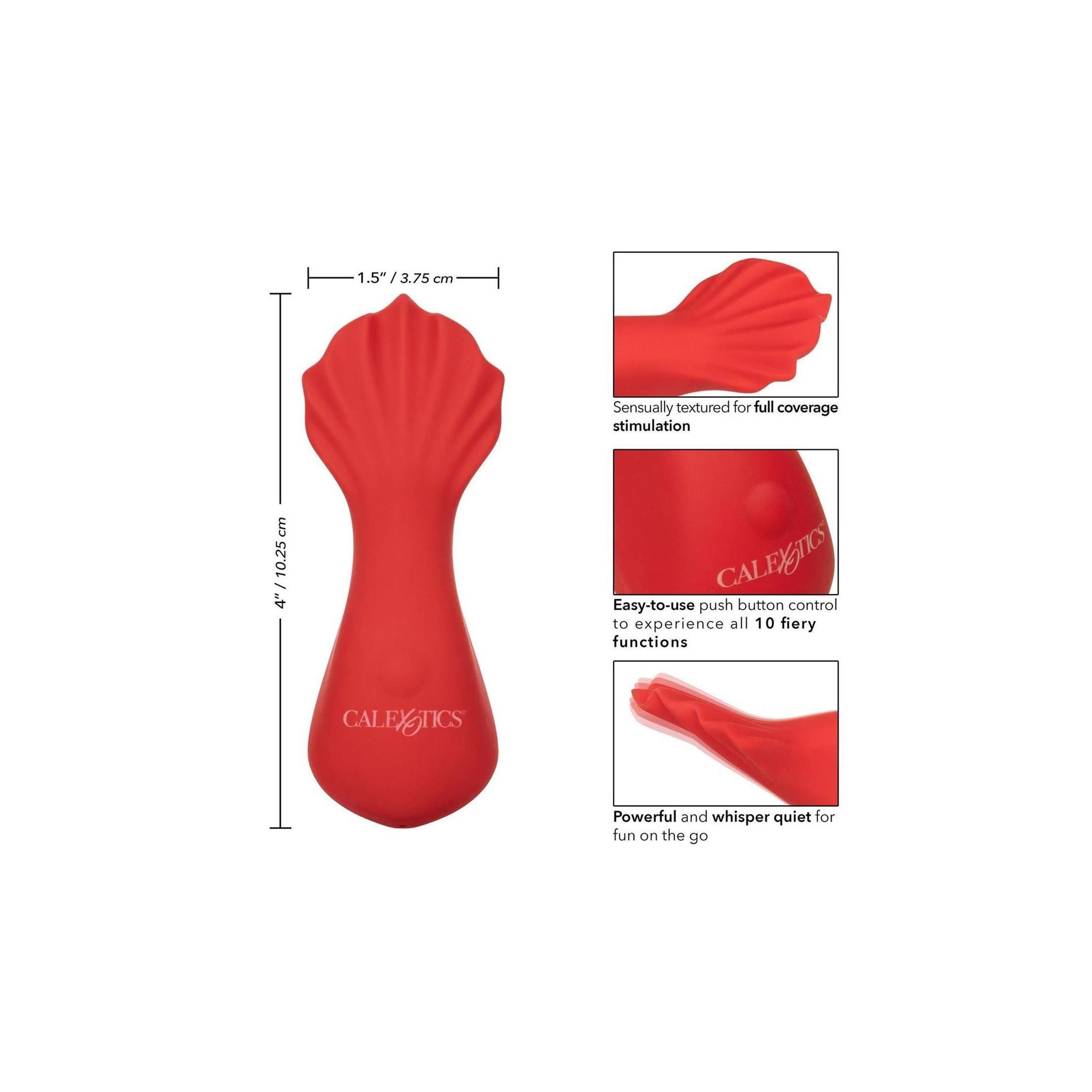 Roter, muschelförmiger Vibrator. Maße: 4" x 1,5". Mit Text: "Sensuell strukturiert", "Einfache Bedienung", "Leise und kraftvoll".