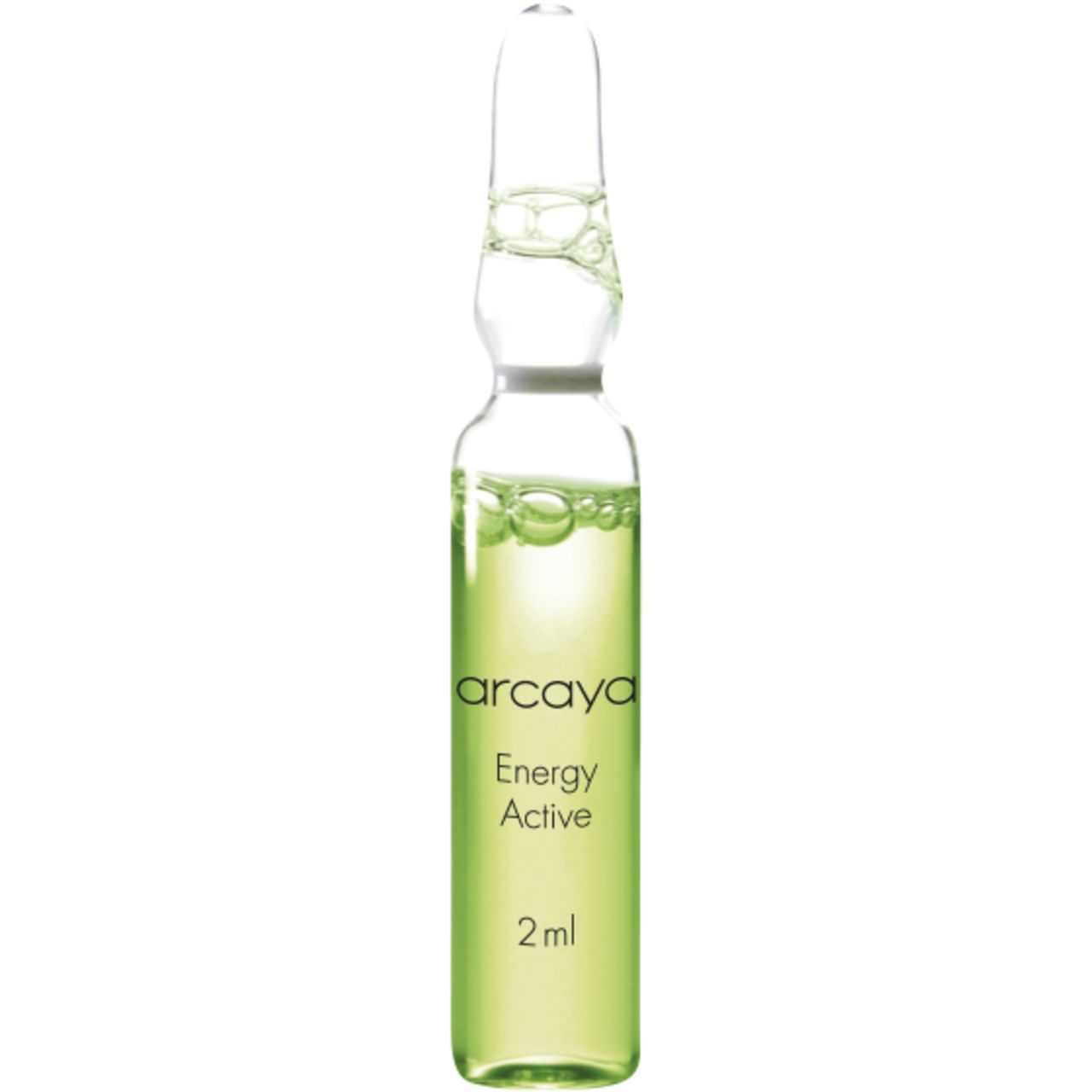 Ampulle mit grüner Flüssigkeit. Aufschrift: Arcaya, Energy Active, 2ml. Klare Glasampulle mit grüner Flüssigkeit.