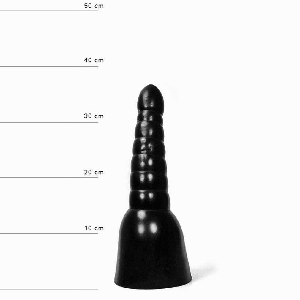 Schwarzer Dildo mit geriffelter Oberfläche. Längenangaben in cm.