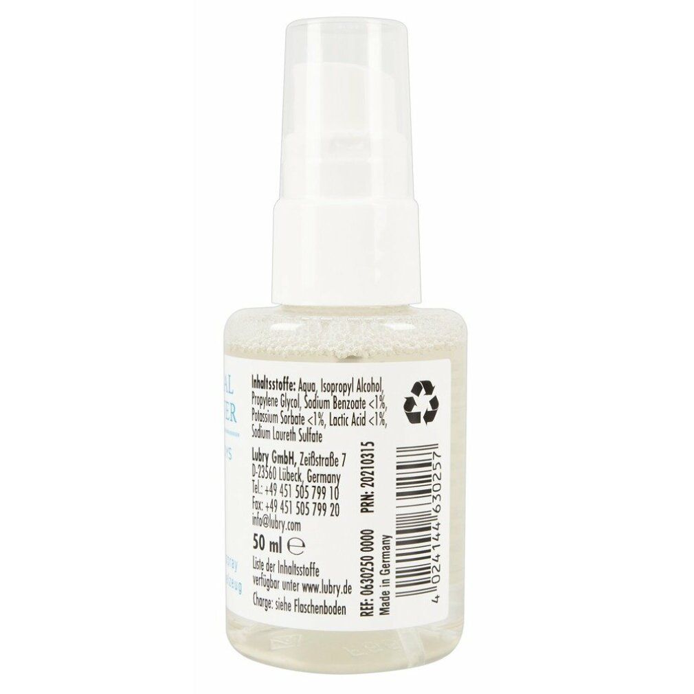 Rückseite einer kleinen, transparenten Sprühflasche. Aufschrift: Inhaltsstoffe, 50 ml, Herstellerinformationen, Recycling-Symbol.