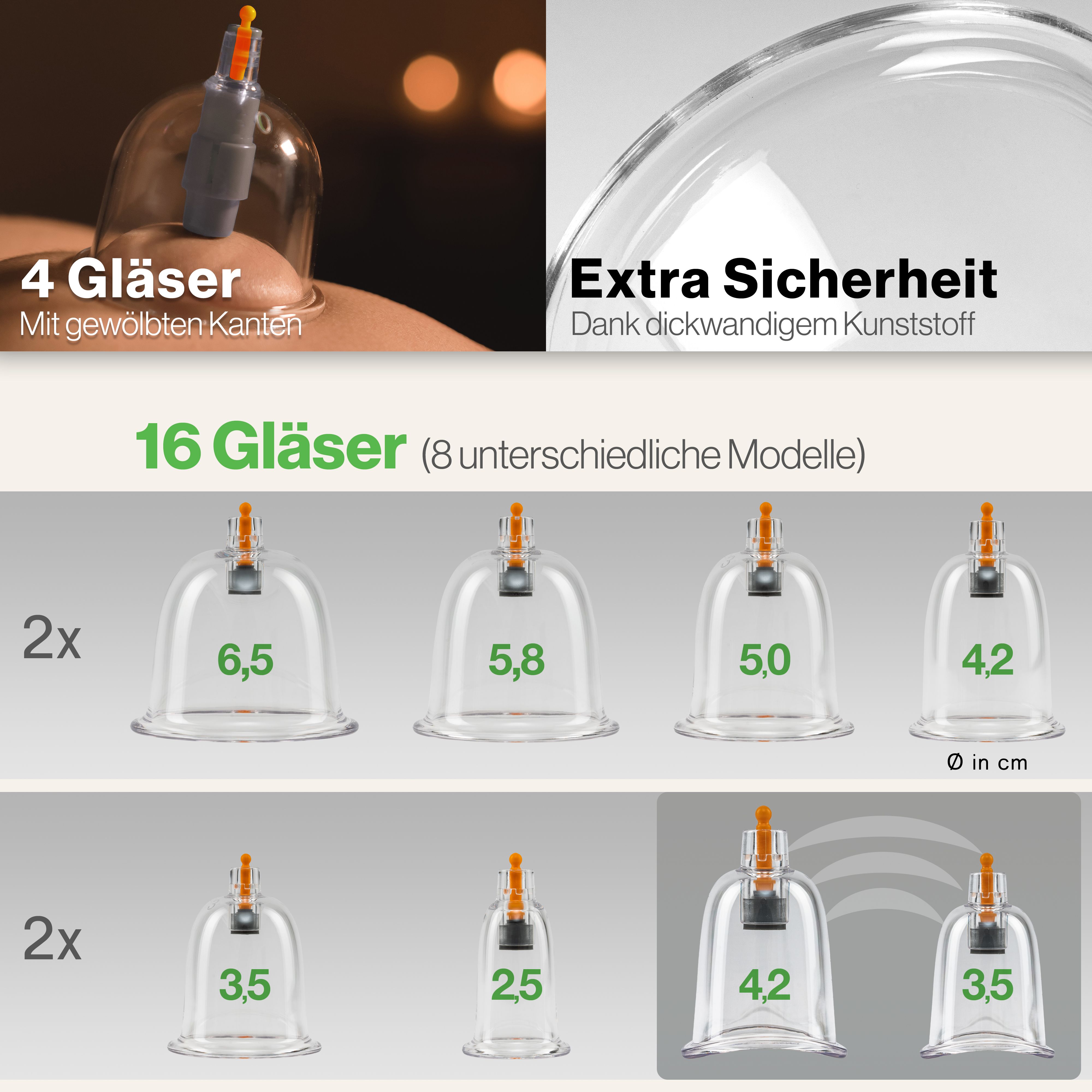 Vier Schröpfgläser mit gewölbten Kanten und dicken Wänden für zusätzliche Sicherheit.