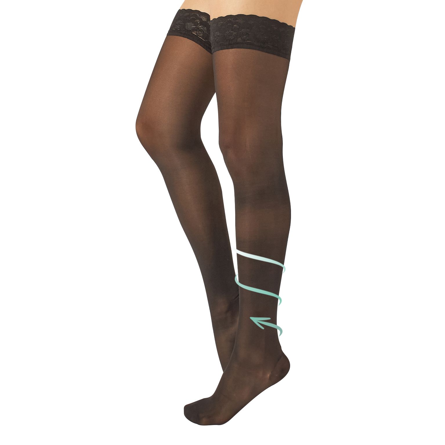 Schwarze halterlose Strümpfe mit Spitze am Oberschenkel. Mittlere Kompression. Pfeil-Grafik am Bein.