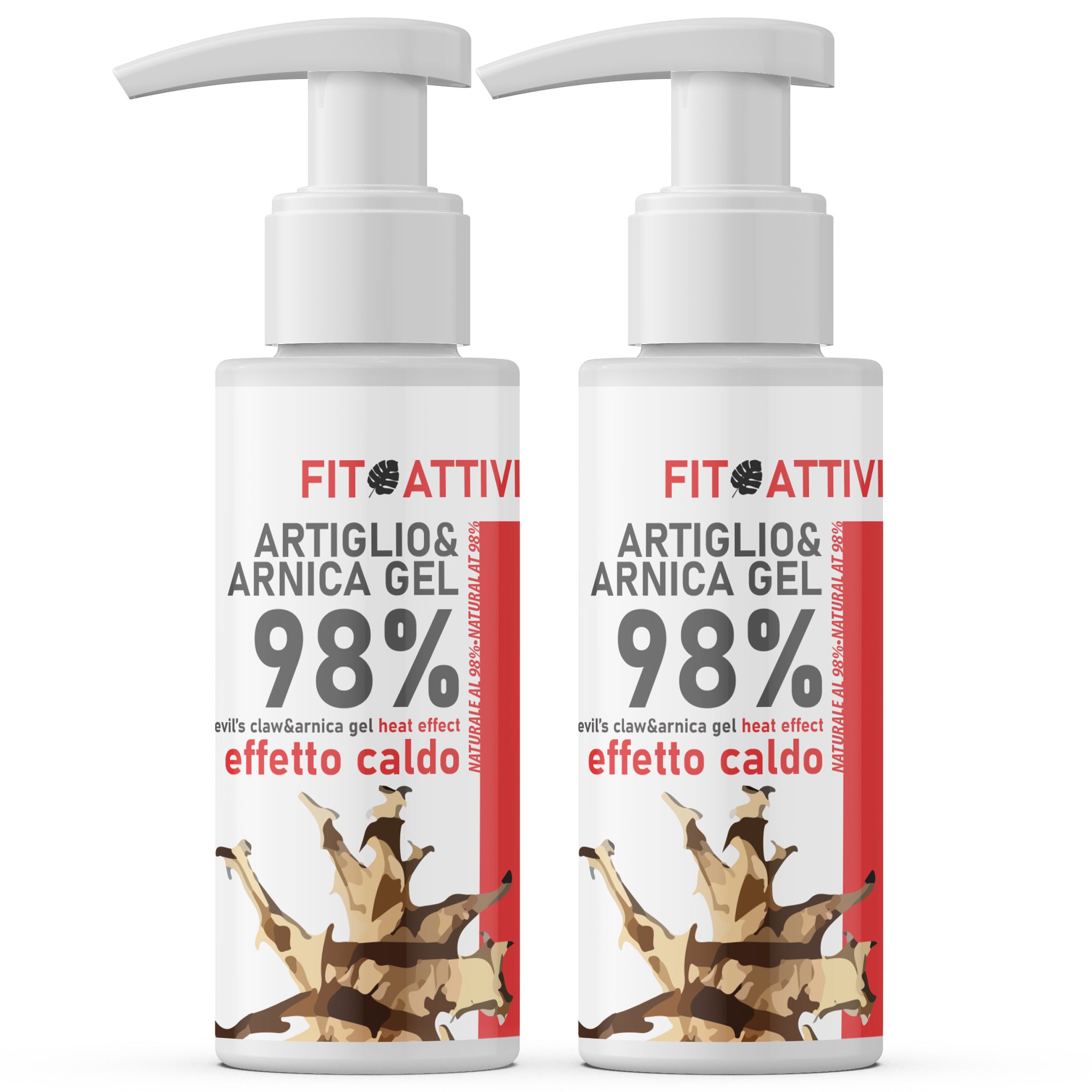 Zwei weiße Flaschen mit Pumpaufsatz. Aufschrift: Fitoattivi Artiglio & Arnica Gel, 98%, effetto caldo. Rote vertikale Streifen.