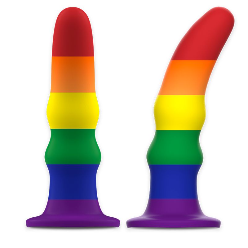 Dildo in Regenbogenfarben. Zylindrische Form mit abgerundeter Spitze und Basis. Zwei Ansichten.