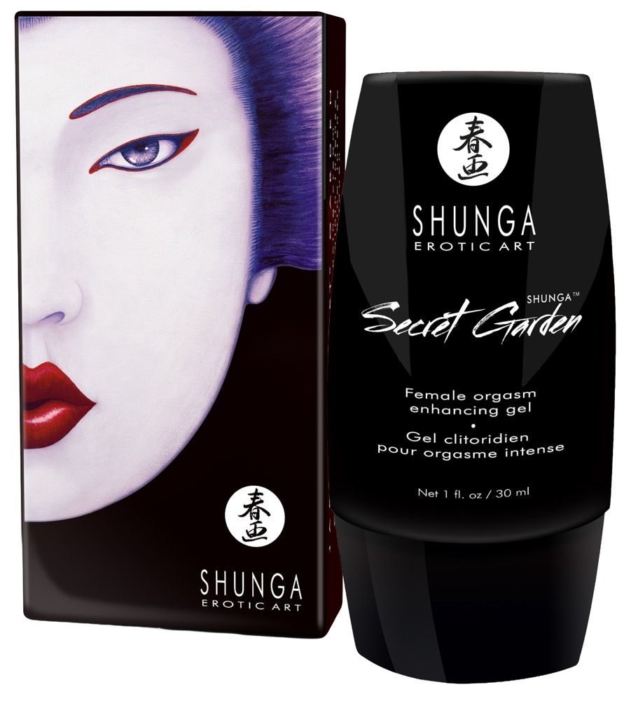 Schwarze Flasche mit Produkttext. Aufdruck: Shunga Erotic Art, Secret Garden, 1 fl. oz / 30 ml.