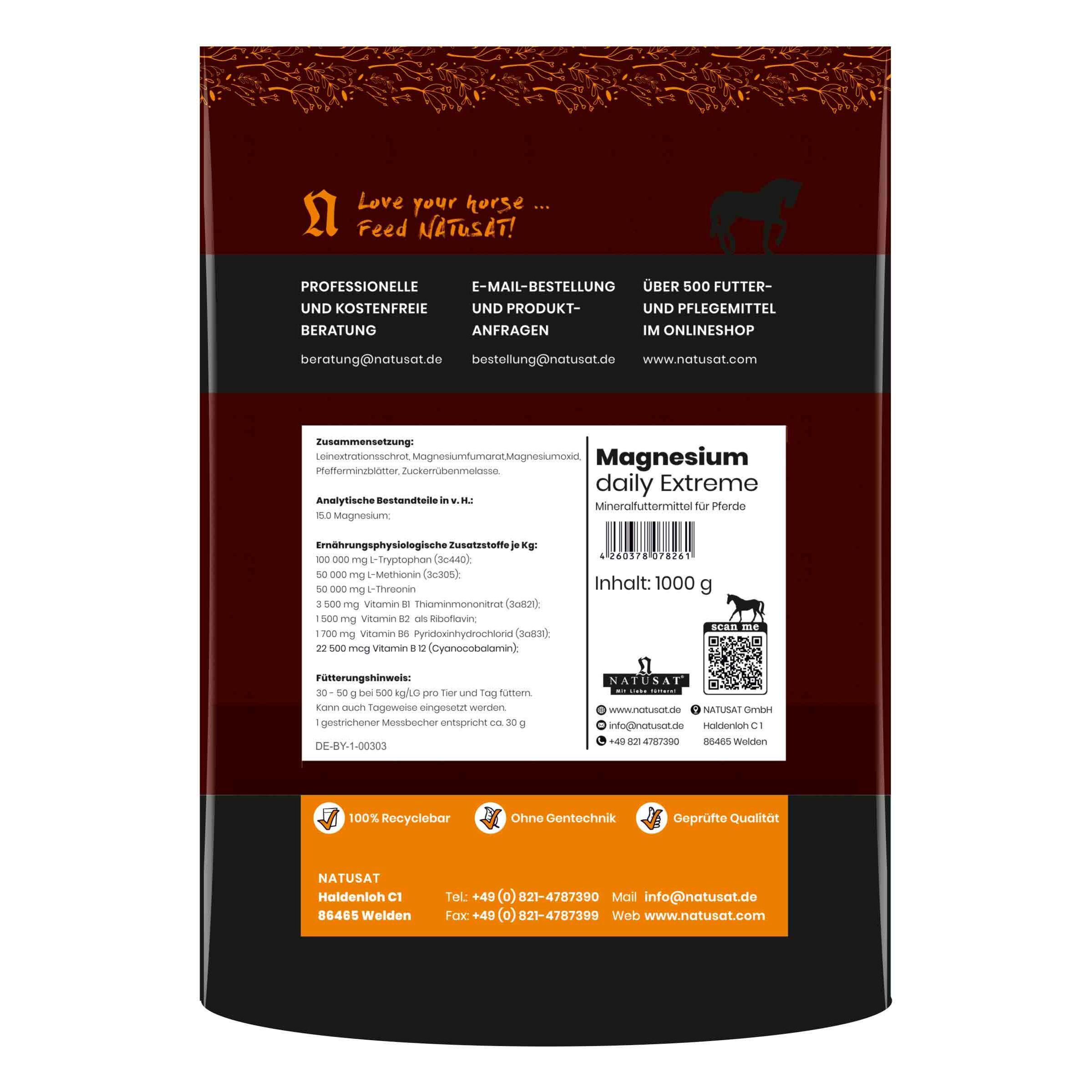 Rückseite des Natusat Magnesium Daily Extreme 1000g Beutels mit Nährwertangaben und Produktinformationen.