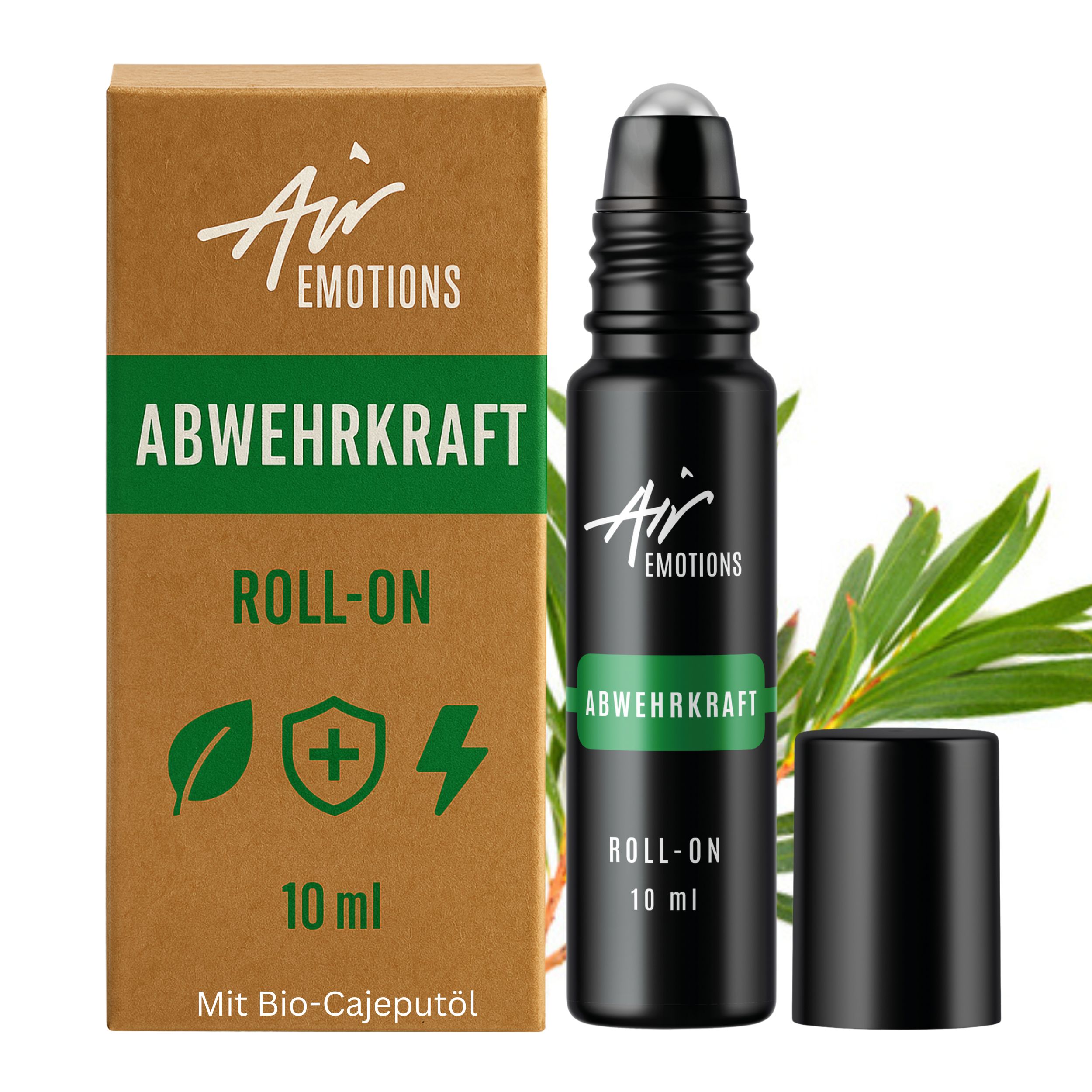 Schwarze Roll-On-Flasche mit grüner Beschriftung. Braune Verpackung mit grüner Schrift. Blätter und 10 ml.